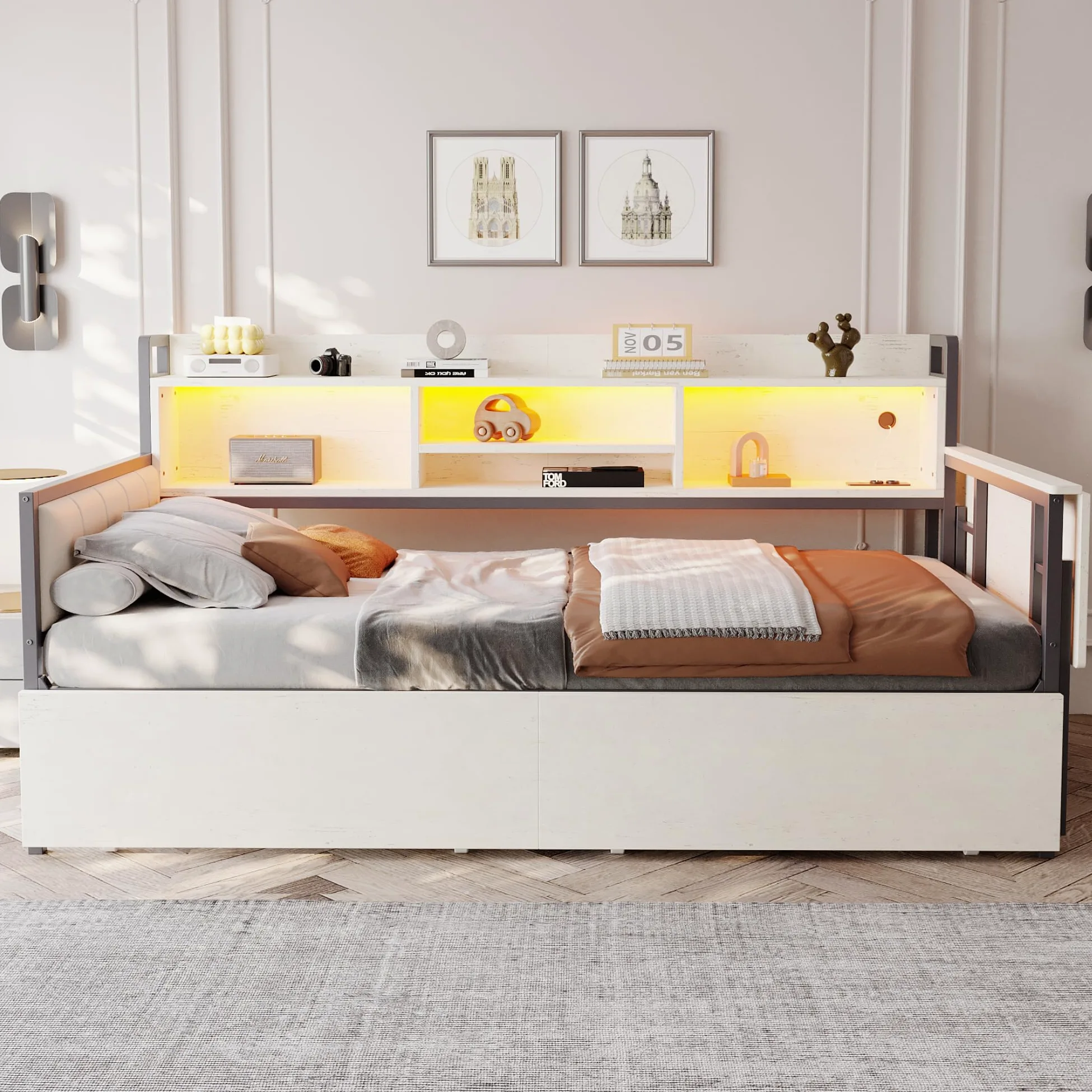 Lcoho Divano letto in ferro 90 x 200 cm, con illuminazione a LED e spazio di archiviazione, con cassetti e presa multifunzionale, scrivania pieghevole, schienale morbido, letto singolo (bianco)