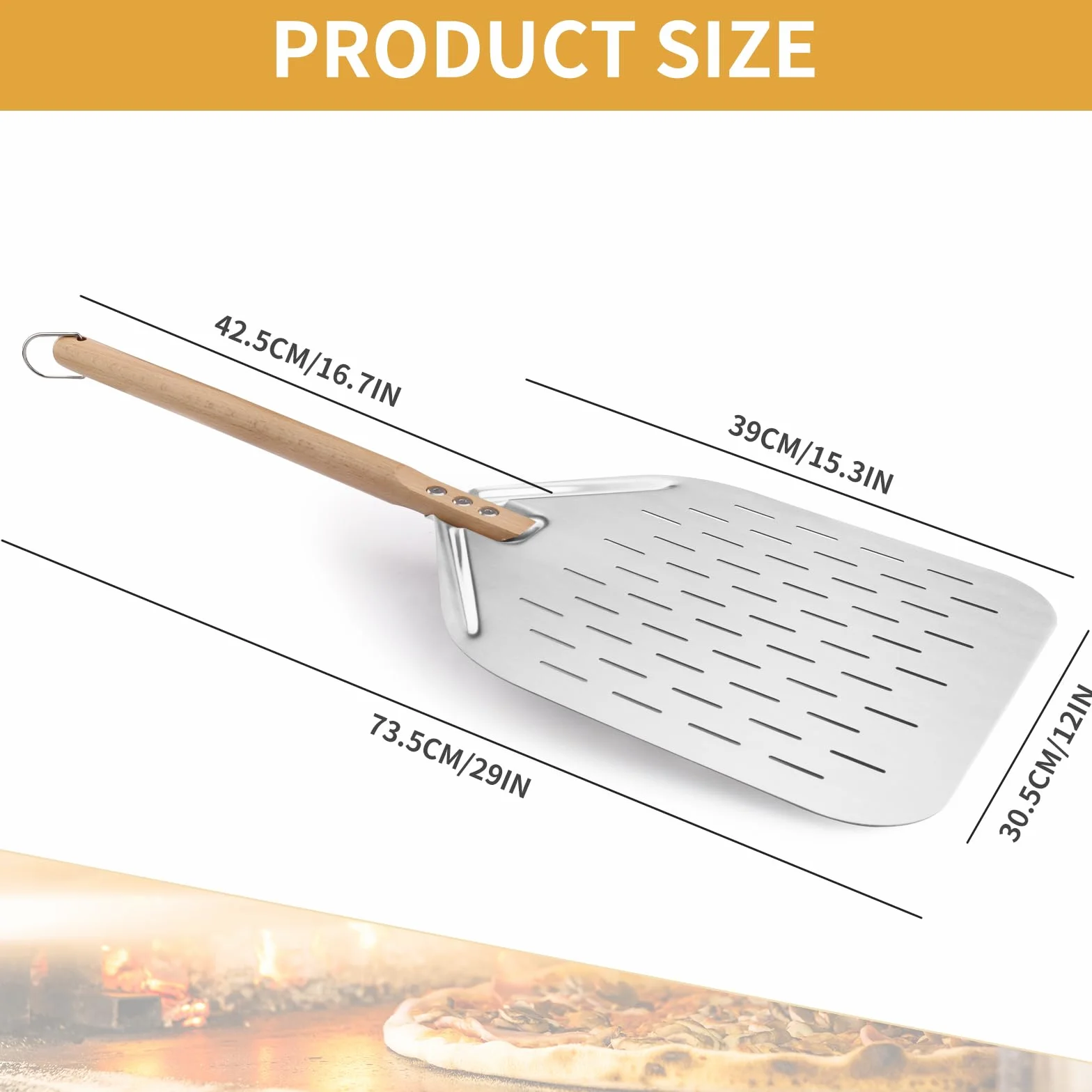Pala per Pizza Alluminio 39 x 30.5cm Acciaio Inox Manico in Legno 42.5cm