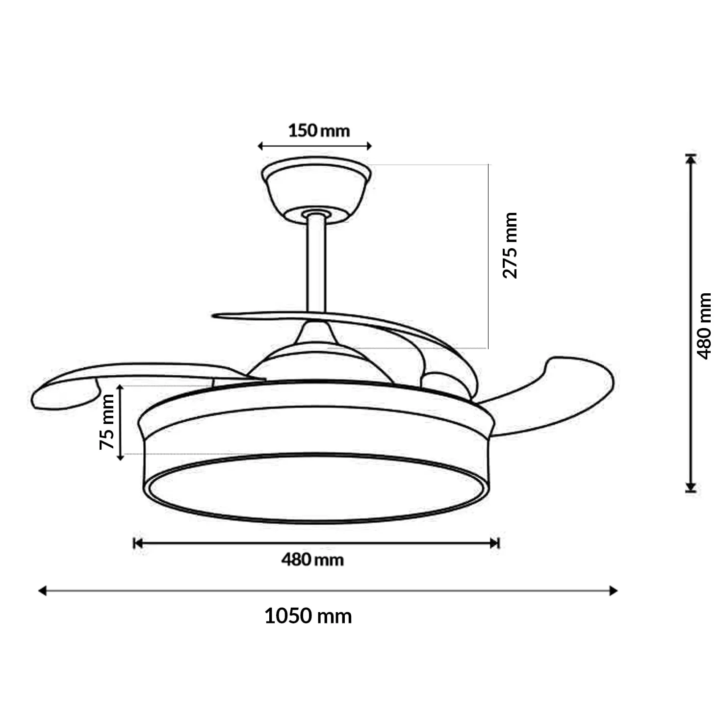 M mimotec -Ventilatore da Soffitto White Hood 70W con Luce LED Regolabile CCT, Motore DC 30W a Basso Consumo + LED 40W, 6 Velocità, Silenzioso, 4 Pale Retrattili, Estate/Inverno, Timer, Telecomando