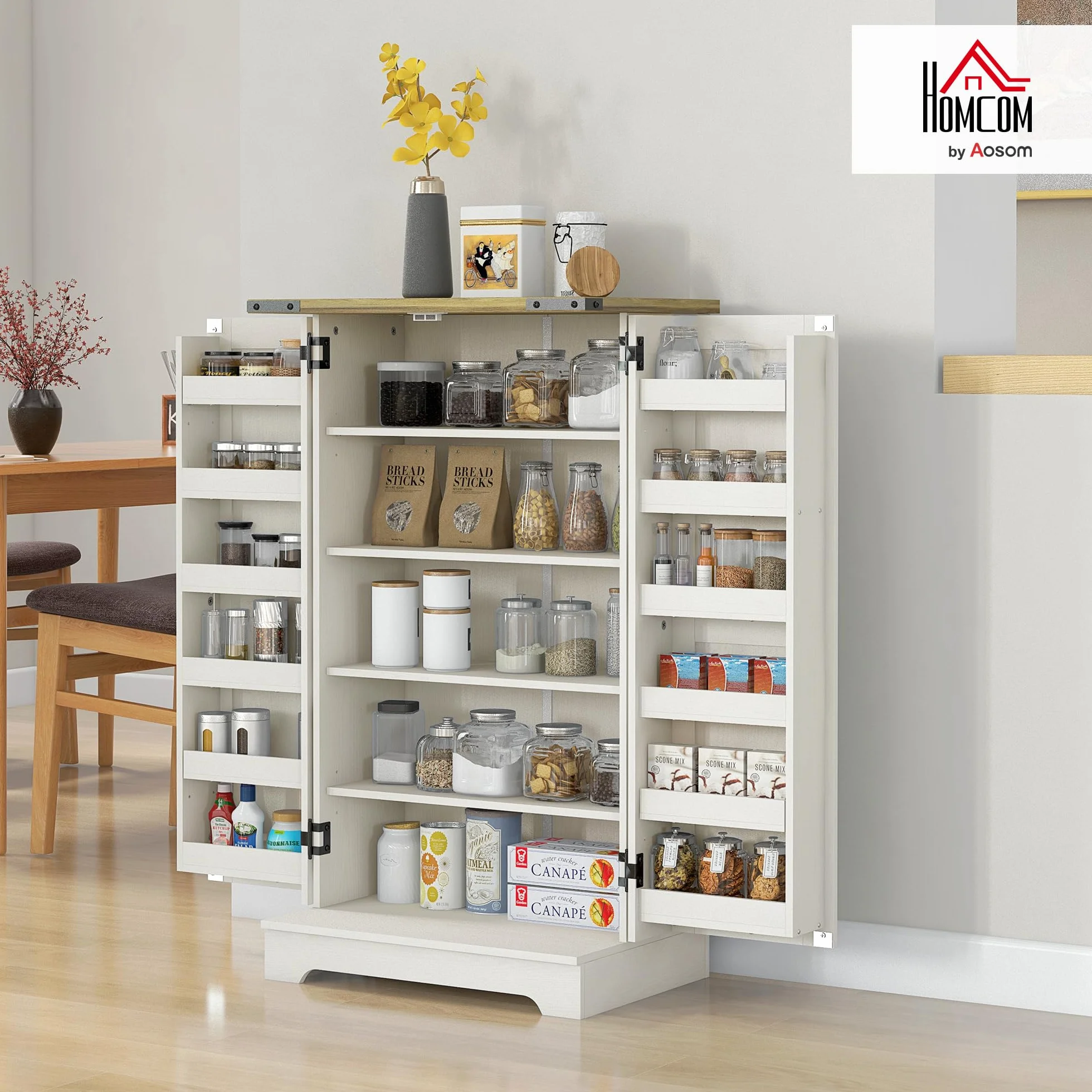 HOMCOM Armadio dispensa cucina armadio da cucina con 2 ante e 16 ripiani dispensa rustica con ripiano regolabile per sala da pranzo soggiorno 60x40x104 cm crema