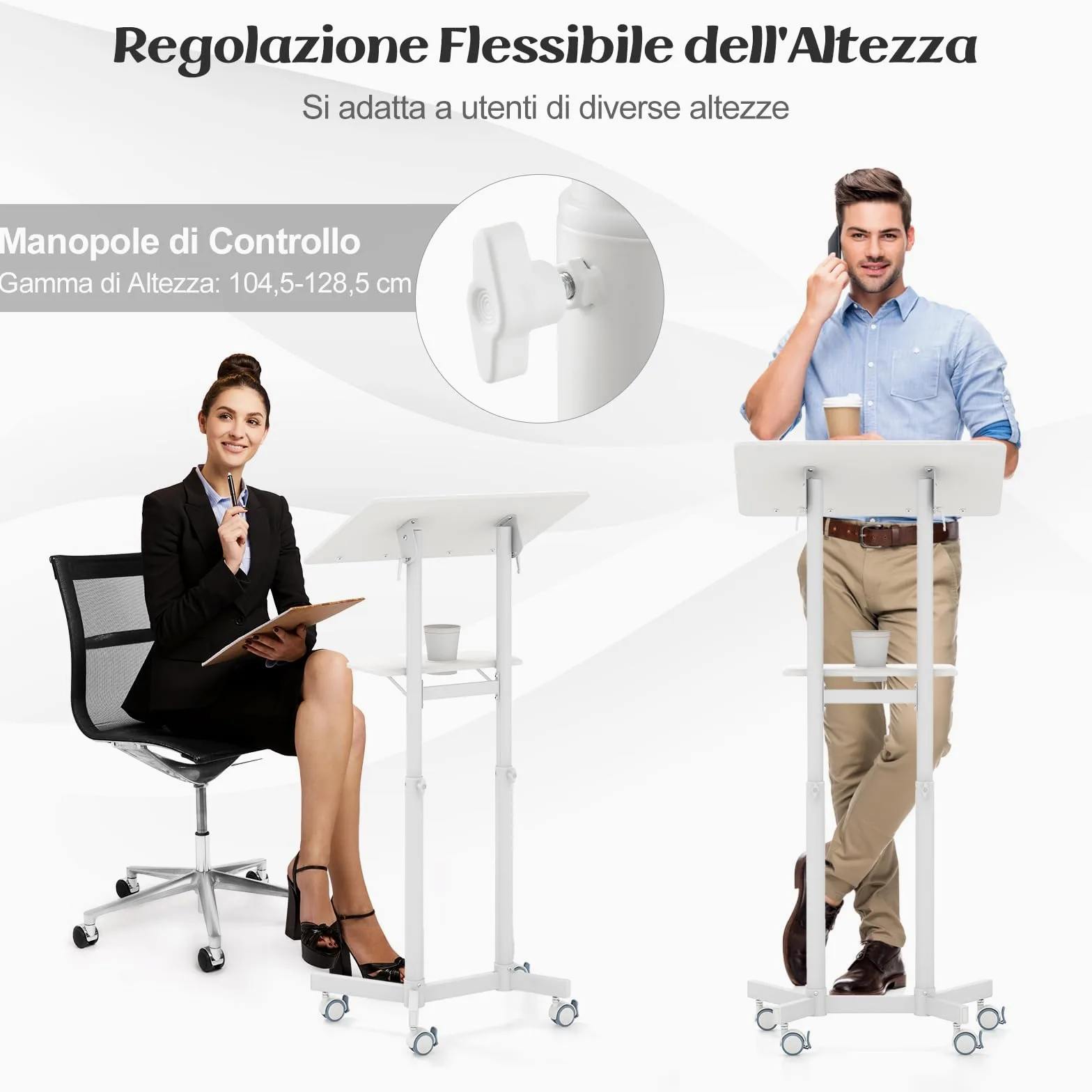 COSTWAY Podio per Conferenze, Pulpito Portatile per Laptop con Piano Inclinabile e Regolabile in Altezza, Vassoio Portaoggetti, Portabicchieri e Ruote Bloccabili (Bianco)
