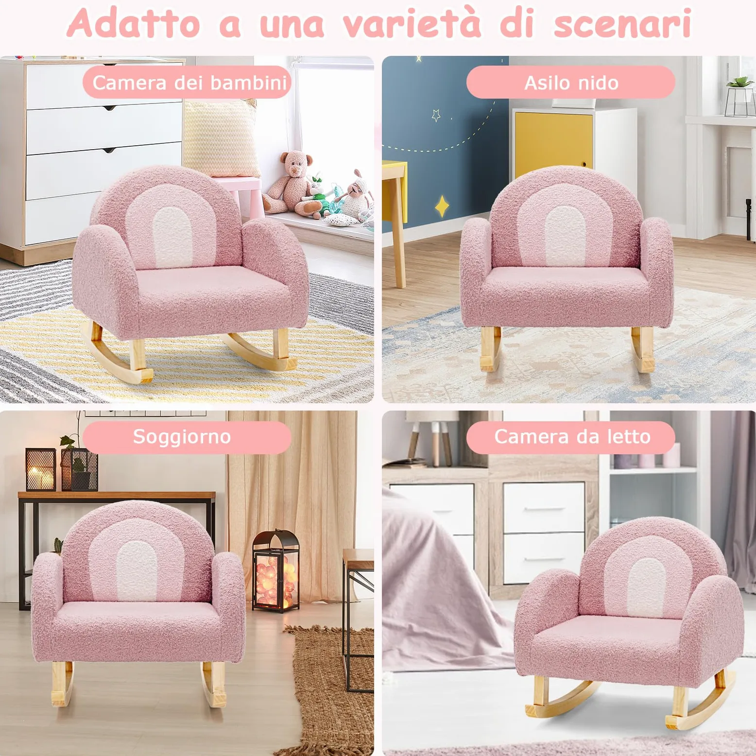 COSTWAY Sedia a Dondolo per Bambini con Gambe in Legno Massiccio, Poltrona a Dondolo per Bambini con Cuscinetti Antiscivolo, per Stanza dei Giochi, Camera da Letto, Scuola Materna (rosa)