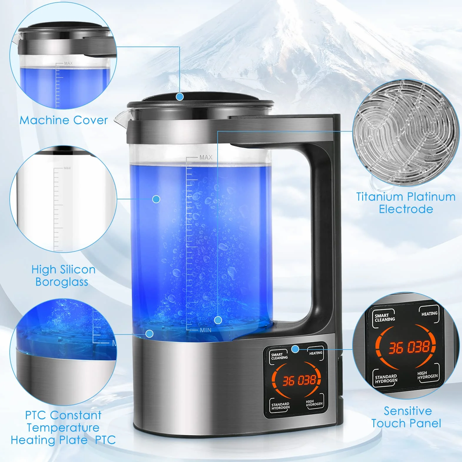 Generatore di Acqua Idrogenata 2L, Macchina Acqua Ricco d'Idrogeno Portatile con Display LED e Termostato