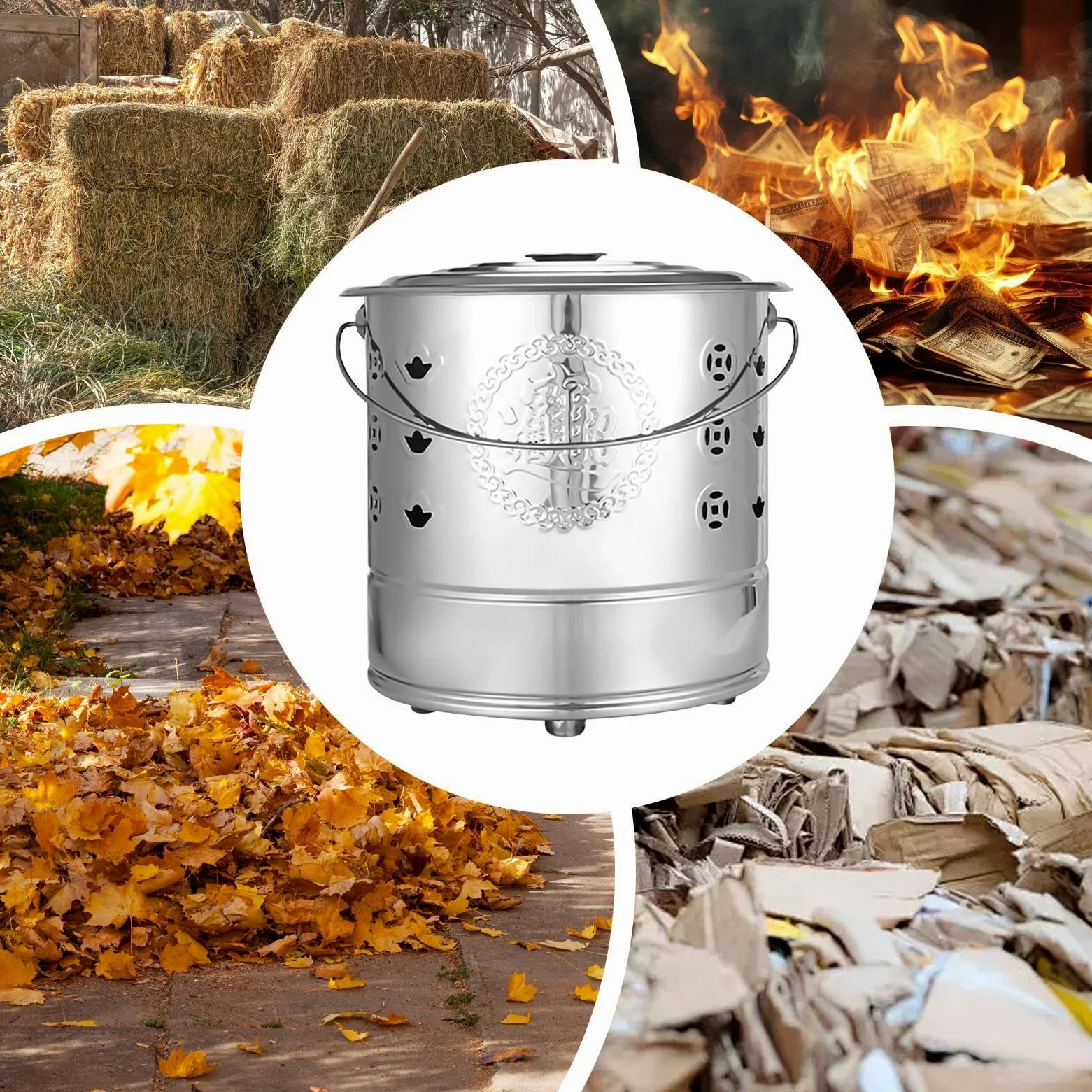 Secchio Inceneritore Carta Manico, Denaro Buon Augurio Antenati | Inceneritore per Soldi di Carta in Acciaio Per Foglie, Legna, Rifiuti, Offerte Per Antenati, Cerimonie Funebri, Giardino,