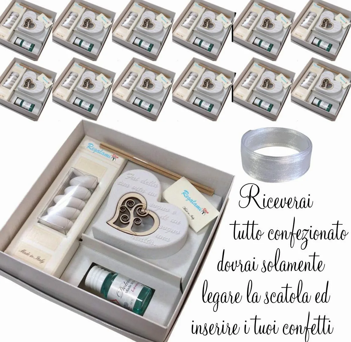 Regalami.shop 12 bomboniere profumatore in marmo di carrara e legno naturale con scatola, nasctro, bigliettino, portaconfetti ed essenza alla lavanda (set 12)