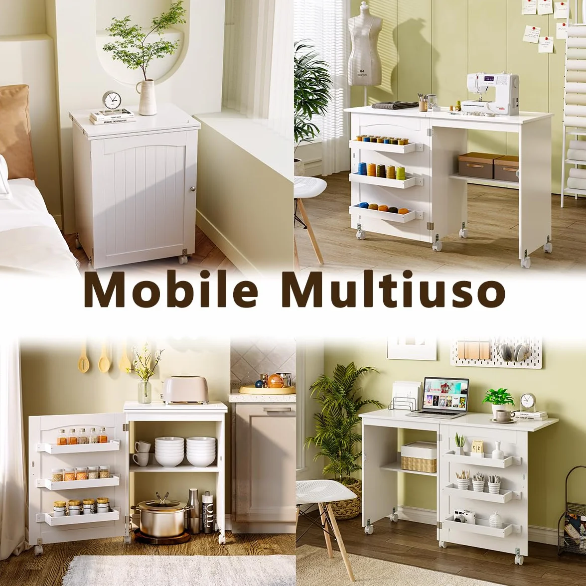 RELAX4LIFE Mobiletto per Macchina da Cucire Pieghevole su Ruote Bloccabili, Tavolo da Cucito in Legno con Ripiani Portaoggetti, Tavolino Cucito Multiuso da Studio e Salotto, 117,5x 40x 77cm (Bianco)