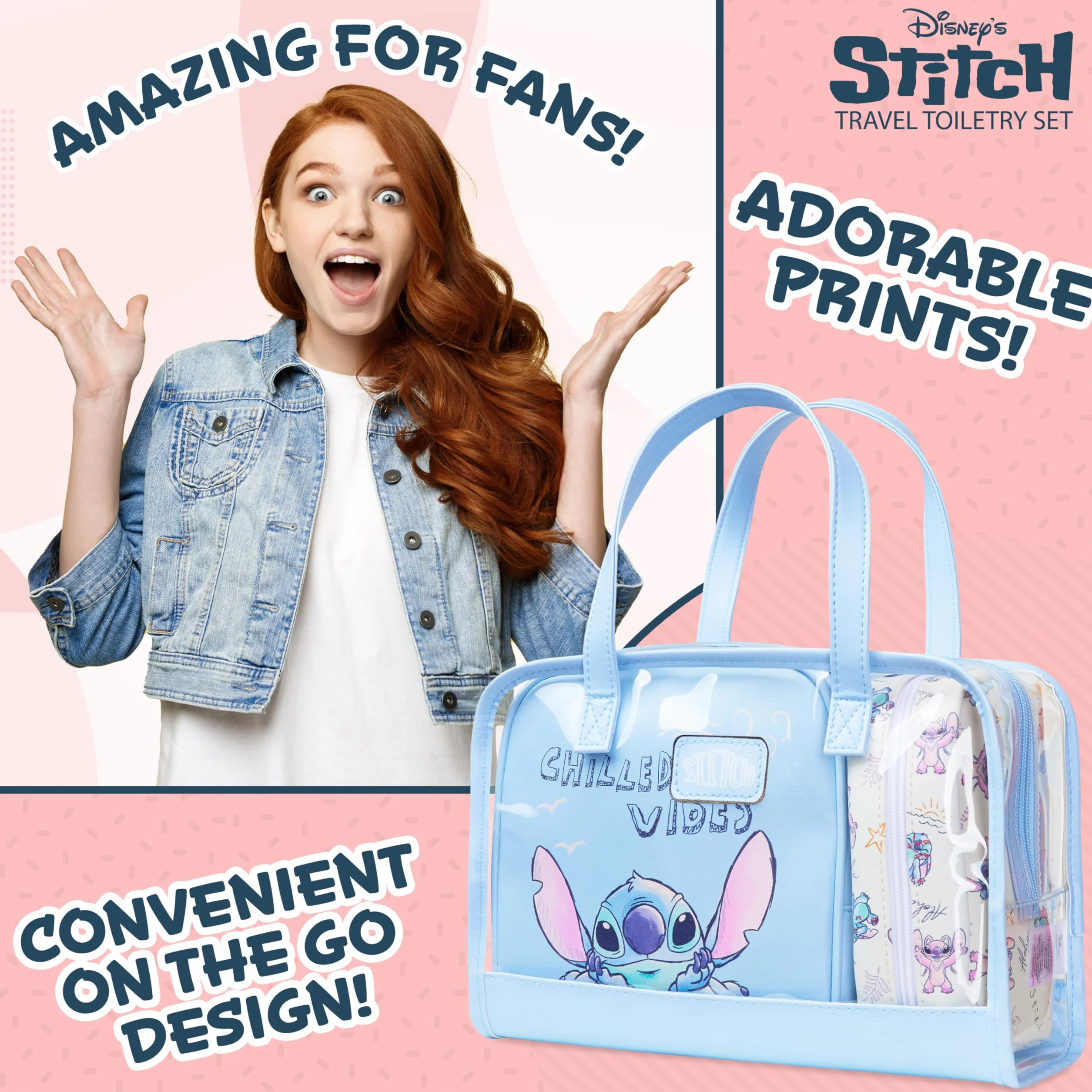Get Trend Disney Stitch Beauty Case Donna Ragazza, Set 3 Pezzi Borsa Trasparente, Pochette e Porta Trucchi, Beauty da Viaggio per Make Up (Blu Stitch)
