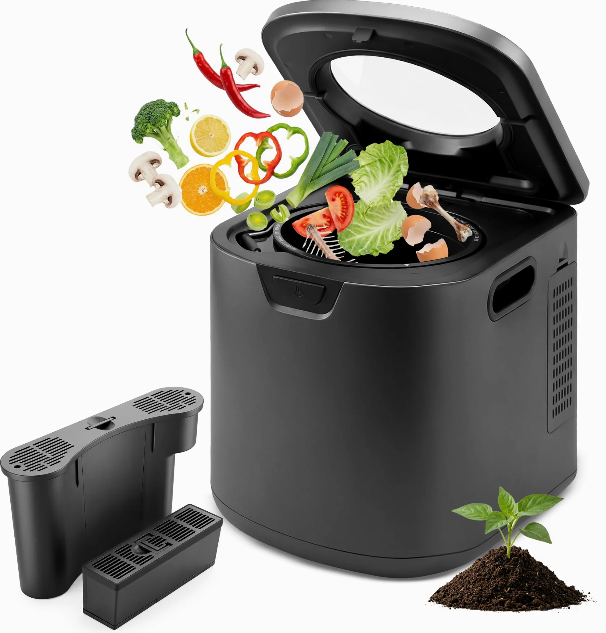 NutriChef 4 Litri Compostiera da Cucina, Compostiera Elettrica, Bidone Umido per Cucina, Pattumiera Umido con 2 Filtri Carbone, 3 Modalità Volume, Grigia