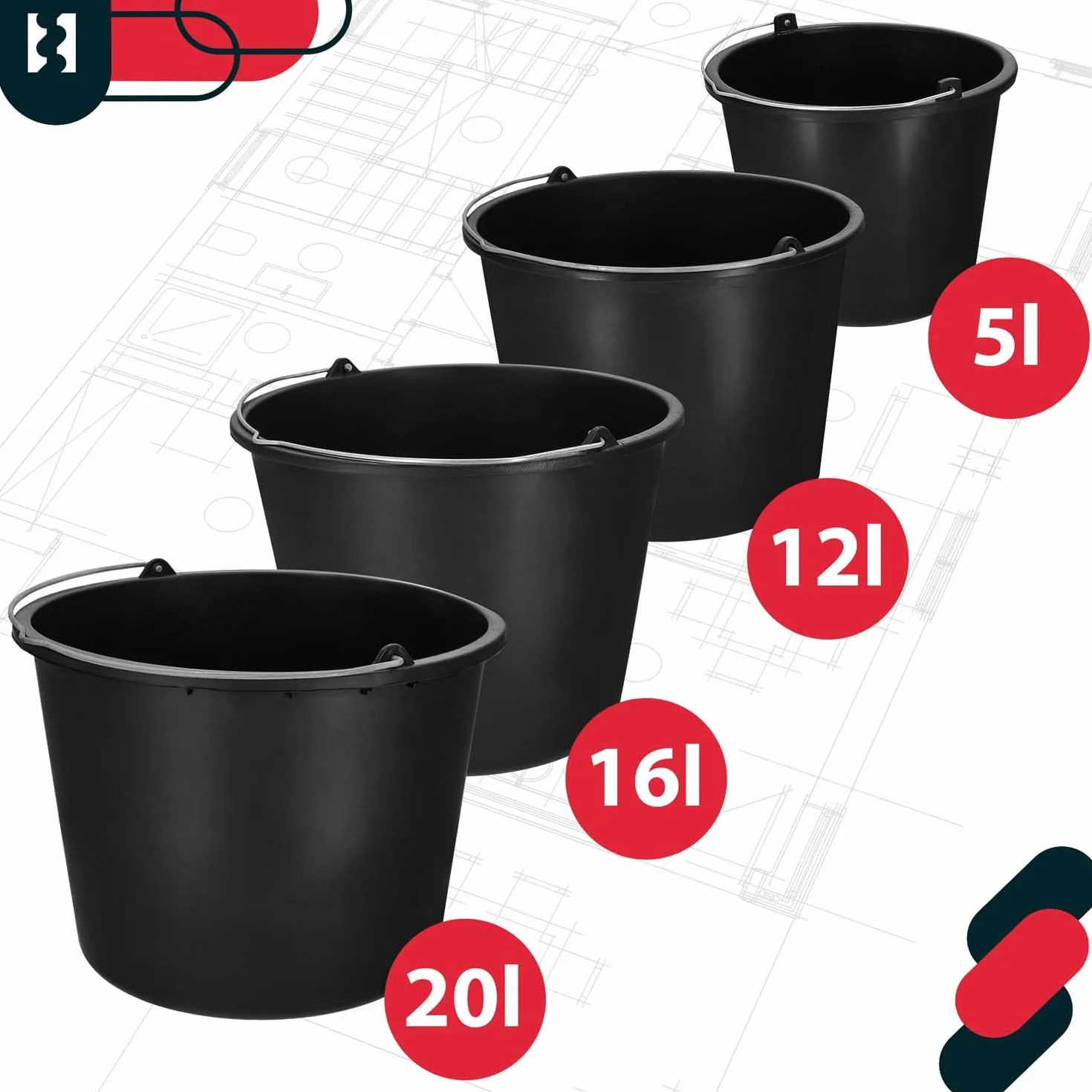KOTARBAU Set di 10 secchi da costruzione, 16 l, in plastica, colore: nero