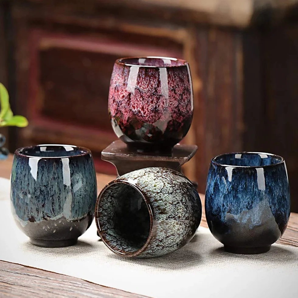 Set di tazze da tè in ceramica giapponese fatte a mano, 4 pezzi, smaltata multicolore flambed