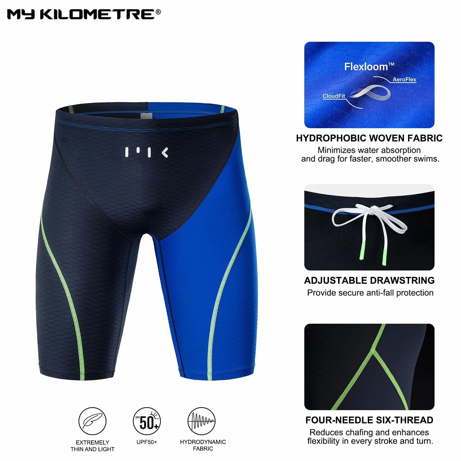 MY KILOMETRE Costume da Bagno Uomo – Tessuto Jammer da Nuoto con Cordoncino Resistente al Cloro, Asciuga Rapido per Allenamento e Gara in Piscina, UPF 50+