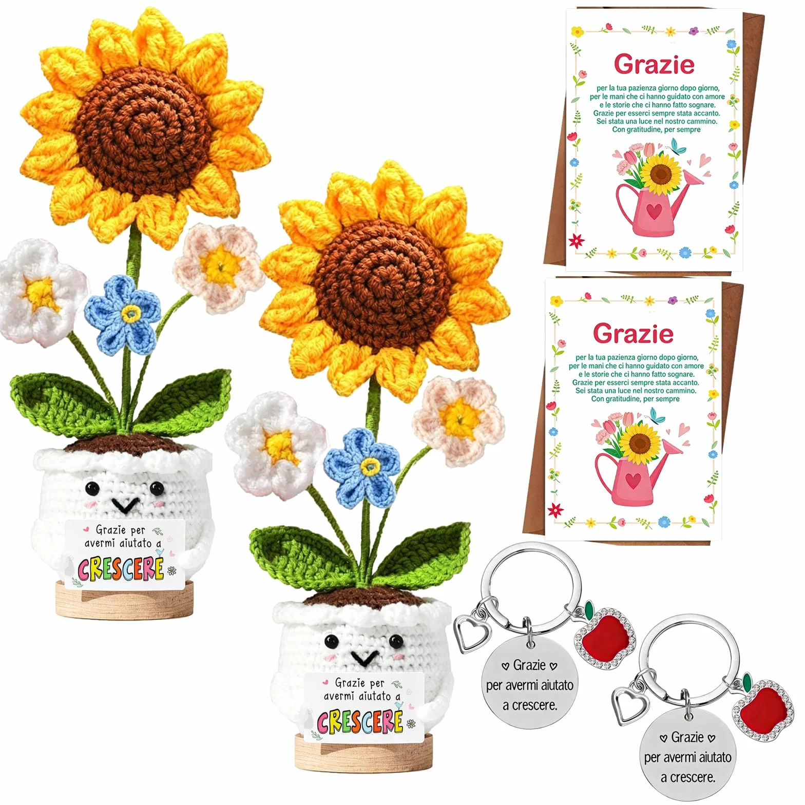 Regalo Maestra Fine Anno – 2 Girasoli all'Uncinetto con Vaso, Set Regalo Doppio Fatto a Mano
