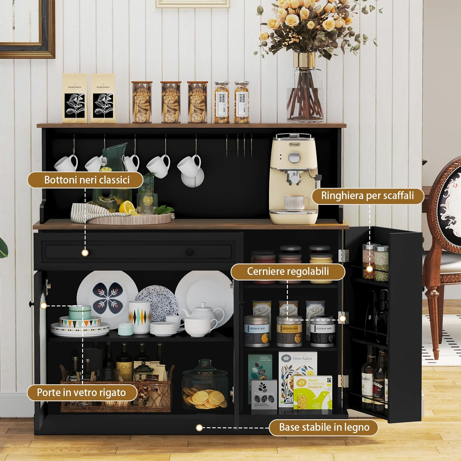 HOLTICO Credenza da Cucina Multifunzione, Armadietto per Microonde con Cassetto e Ganci per Tazze, Buffet Moderno per Soggiorno e Sala da Pranzo, Colore Nero Scuro