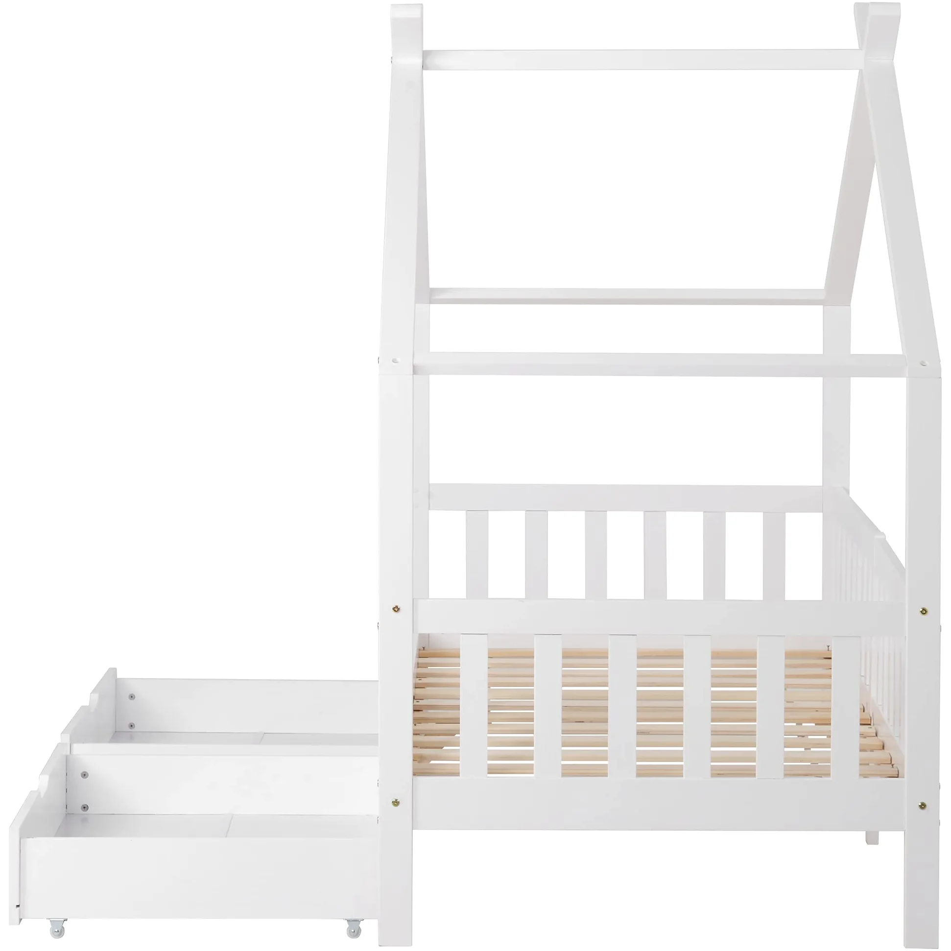 Letto Casetta per Bambini 90x200cm, Lettino Montessori con 2 Cassetti, Struttura in legno massello con Rete a Doghe, Cameretta Ragazzi, letto a Forma di Casa