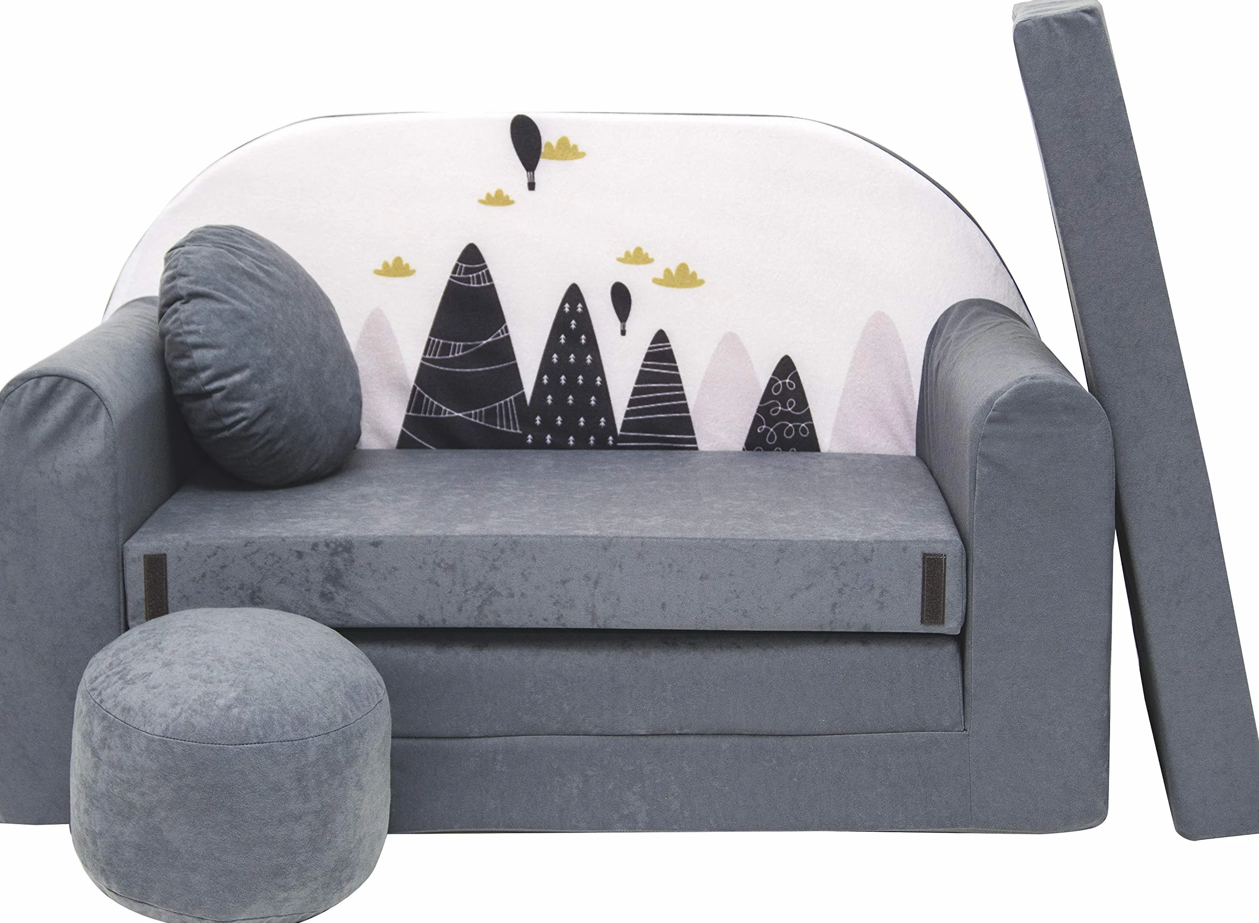 Divano letto pieghevole per bambini con funzione letto Perfetto per giocare e dormire - Con materasso, cuscino e pouf sfoderabili - 98x168x59 cm AX2 Grigio - Cime delle montagne