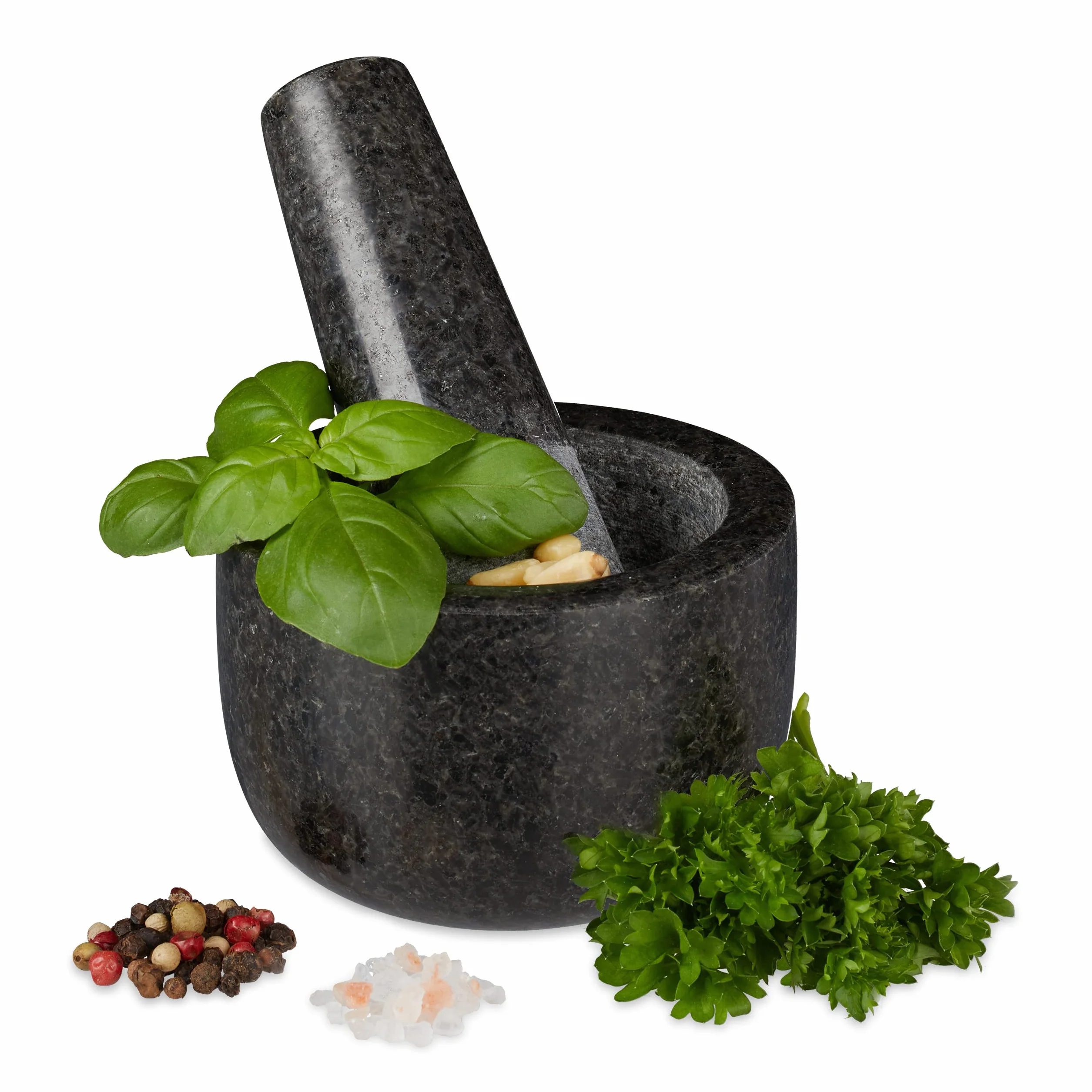 Relaxdays Mortaio & Pestello in Granito, Robusto & Resistente, Erbe Aromatiche, in Pietra Lucida, V 100ml, Ø 8,5, grigio
