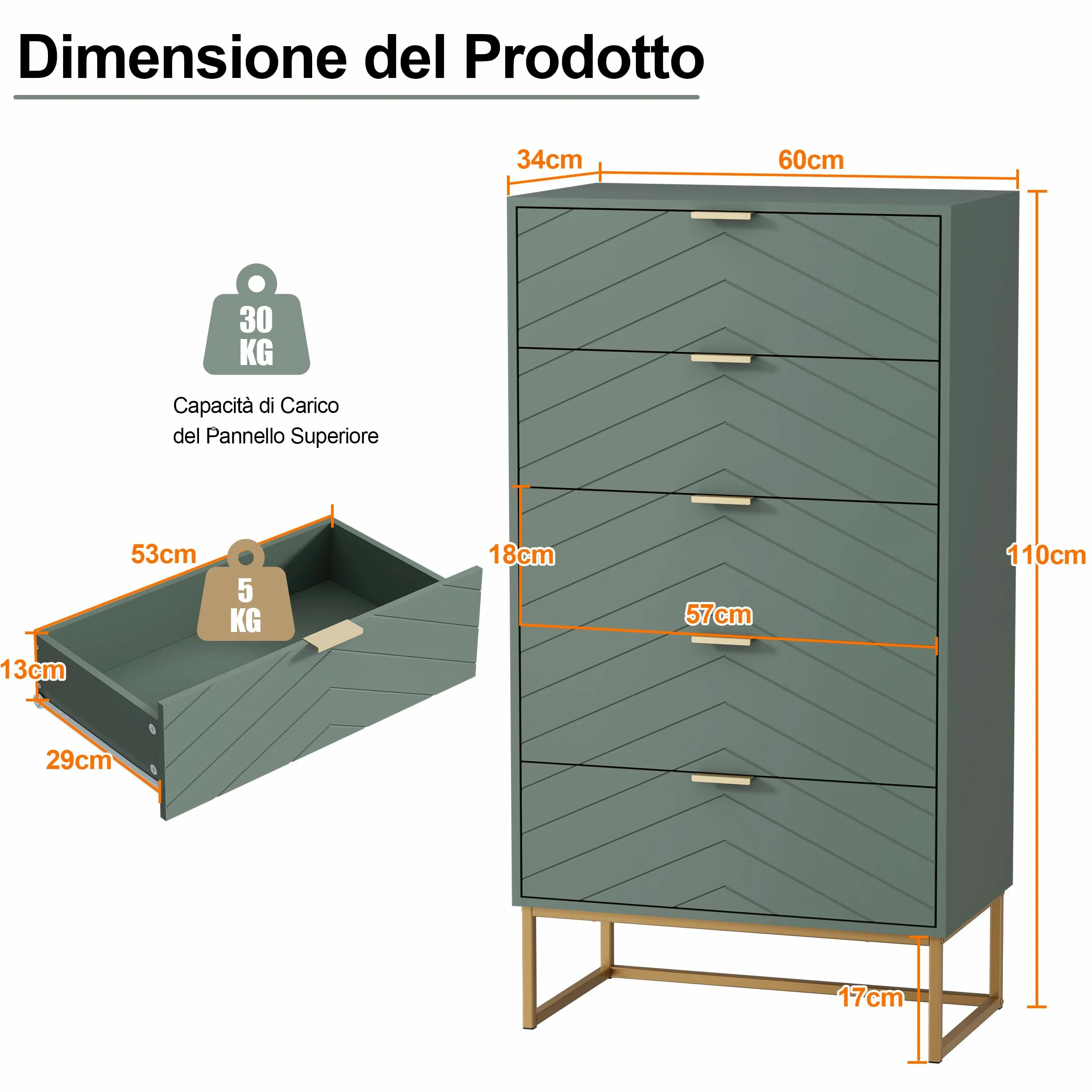 UEV Cassettiera Camera da Letto, Settimino con 5 Cassetti e Motivo di Linea, Mobiletto Moderno e Pratico, Sicuro Design Antiribaltamento, 60x34x110cm, Verde