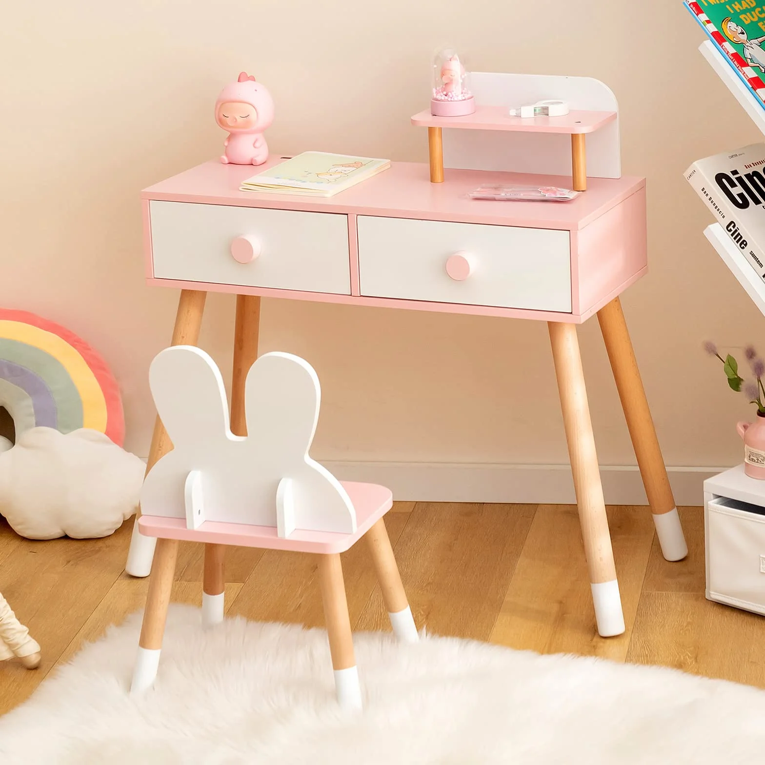 LIFEZEAL Tavolo da toeletta per bambini 2 in 1, specchio di coniglio, parrucchiere per bambini in legno con 2 cassetti e mensola, tavolino con specchio e sgabello per ragazze, tavolo da trucco, sedia