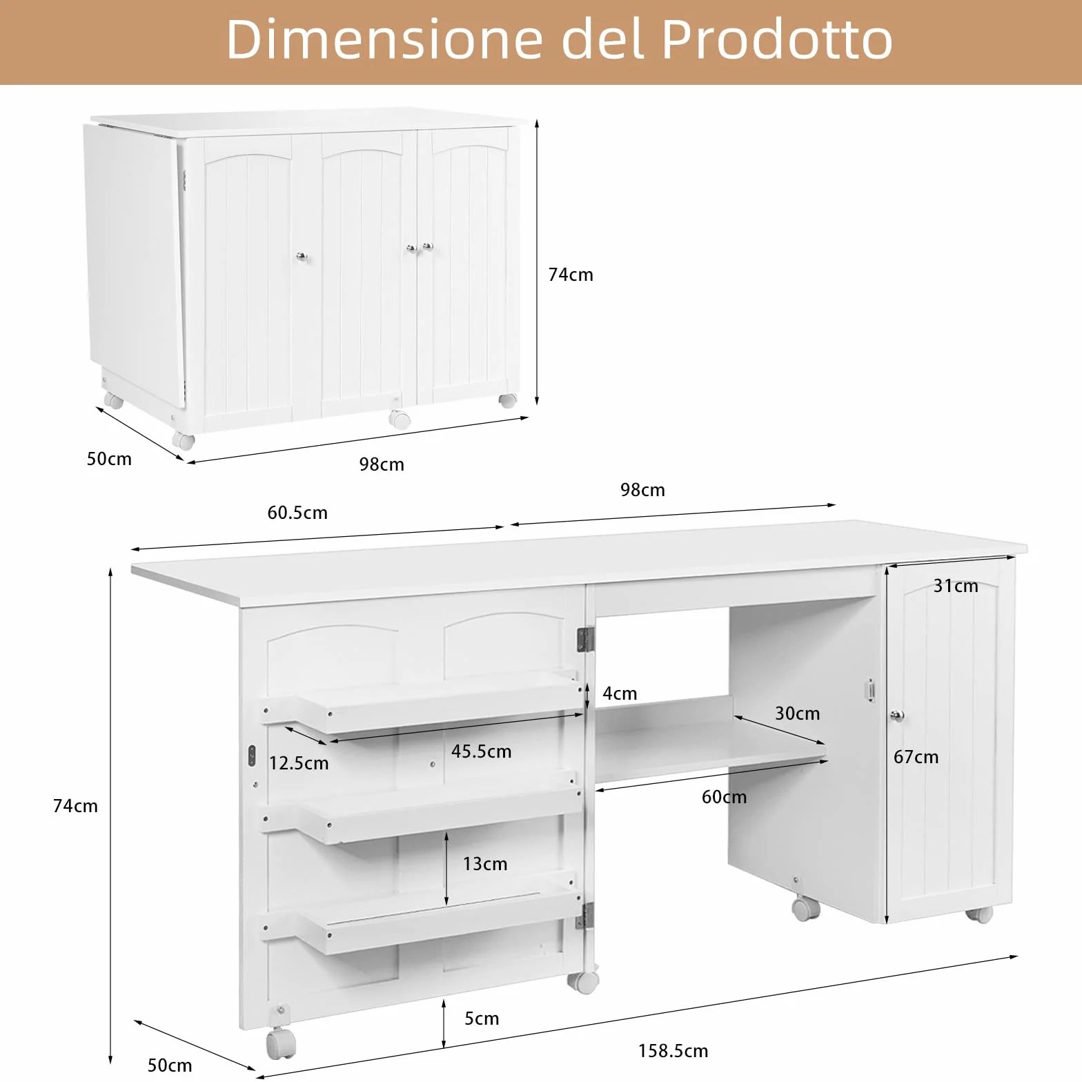 GYMAX Tavolo Pieghevole da Cucito, Scrivania e Armadio da Cucito 2 in 1, Tavolo per Macchina da Cucire con Rotelle, 3 Scompartimenti Laterali e 1 Armadietto, 2 Ruote con Freno (Bianco)