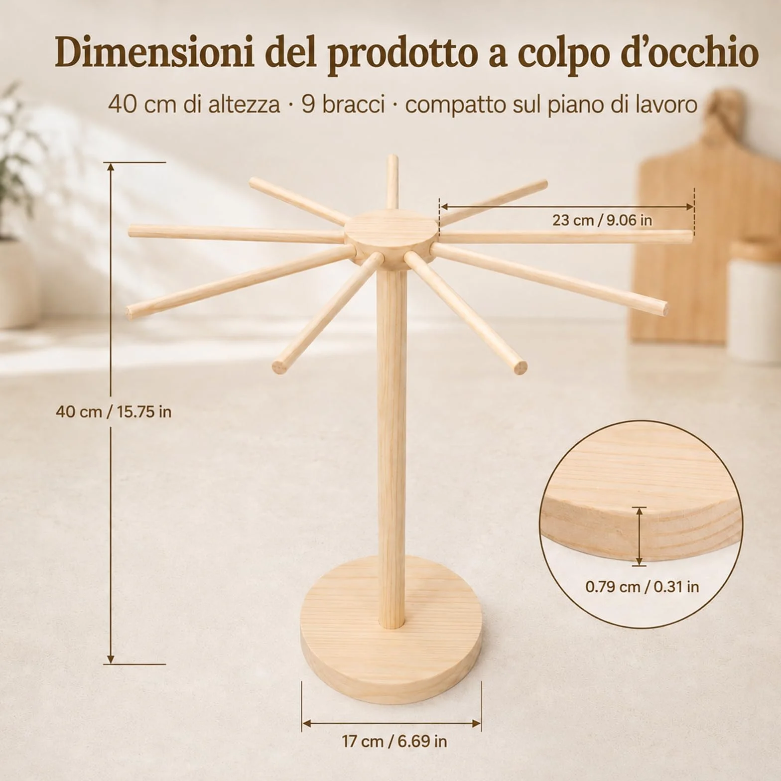 Essiccatore per Pasta, Stendi Pasta Fresca in Legno, Essiccatore Pasta Fresca, con 9 Bracci Rimovibili, Riutilizzabili, per L'Essiccazione di Pasta, Noodles Cinesi, Vermicelli, Altezza 40 cm