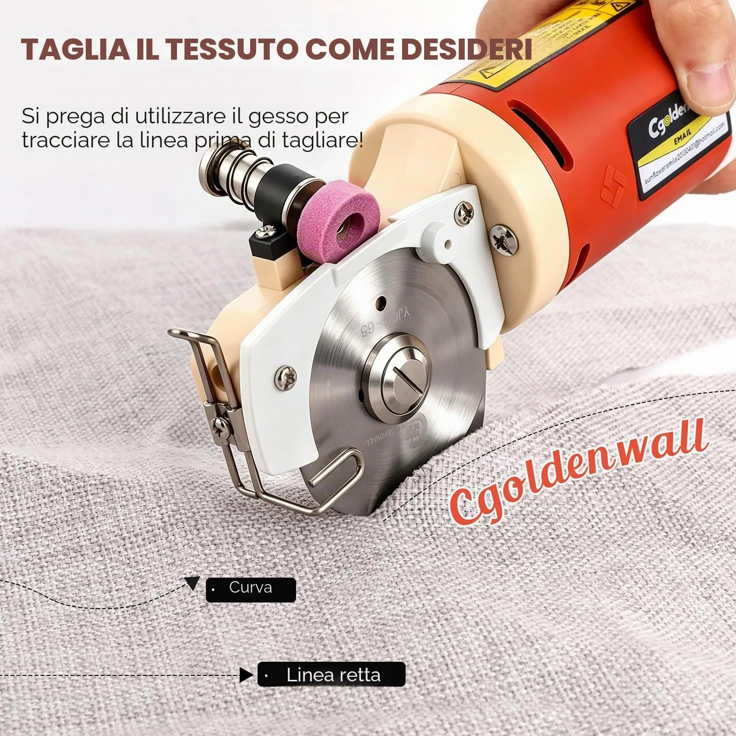 CGOLDENWALL Forbici Elettriche per Tessuti 170W con Rotella di Affilatura Automatica, 1 Lama di Ricambio da 22mm (0,87 pollici) max. Taglio per Pelle, Cartone, Moquette YJ-65