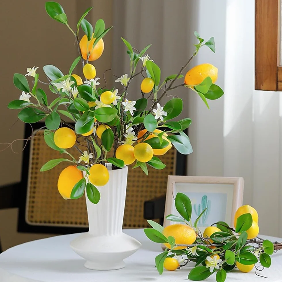 Rami di limoni artificiali 8 teste finti frutta con foglia verde decorazione realistica per casa fattoria centrotavola