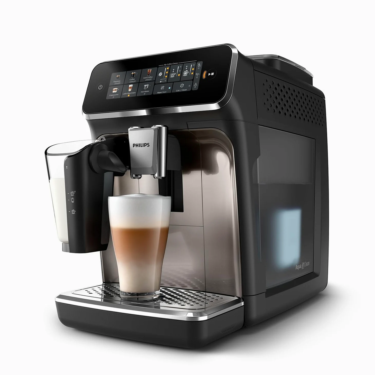 Philips Serie 3300 Macchina da caffè automatica - 6 tipi di bevande, Display touch screen a colori, LatteGo, SilentBrew, Macinacaffè in ceramica al 100%, Filtro AquaClean. Cromato nero (EP3347/90)