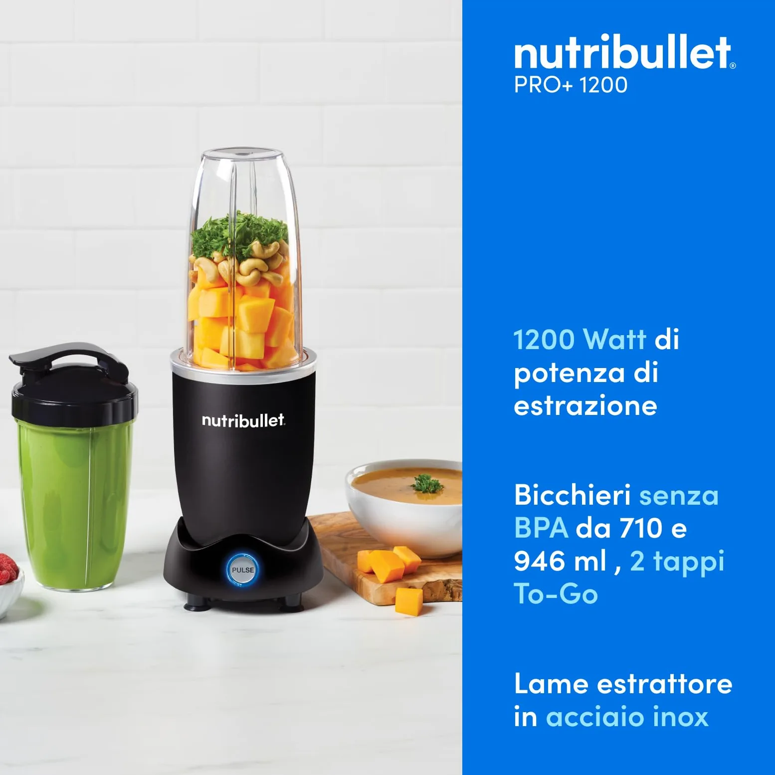 Nutribullet Pro 1200, Frullatore Elettrico, Tritatutto, Frullatore Smoothie, Frullatore Tritatutto Multifunzione, 1200w di potenza, bicchieri da 700ml e 900ml, nero, NB120MB