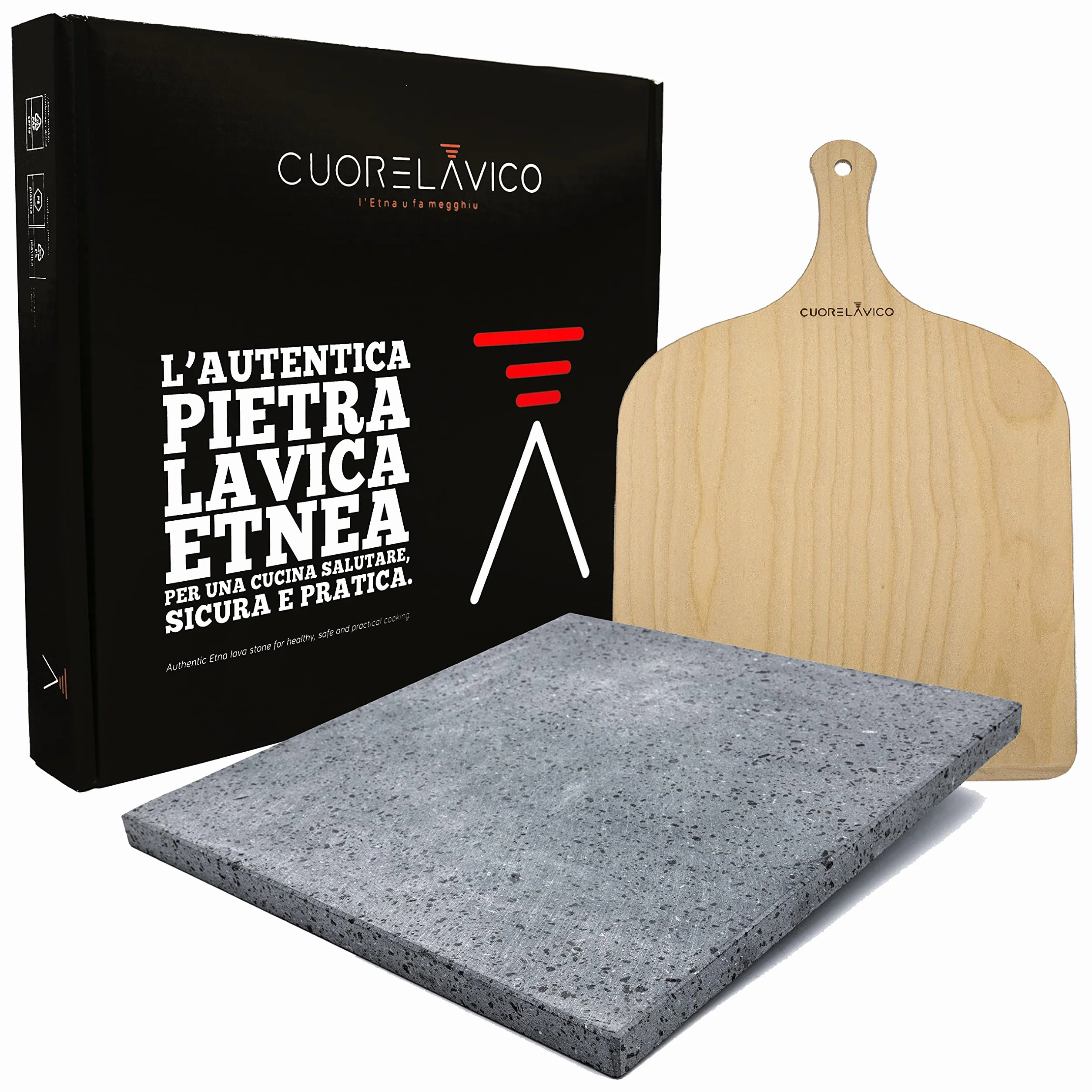 CUORE LAVICO Kit Pietra Refrattaria Lavica Etnea per Pizza 39x35x2 cm + Pala Forno Gas Elettrico Barbecue