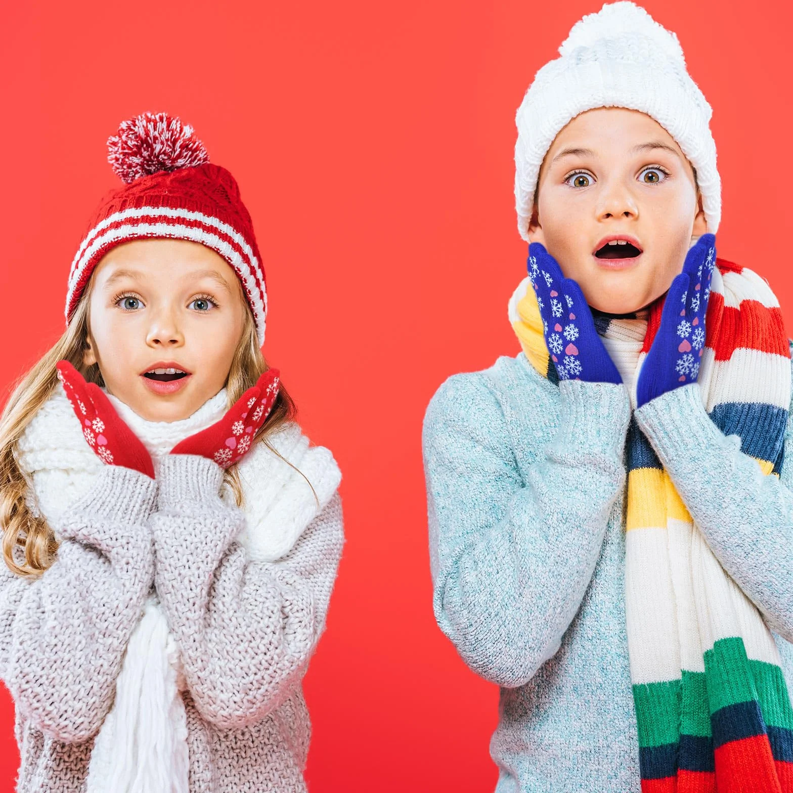 Geyoga 3 Paia Guanti Invernali in Maglia per Bambini 5-10 Anni Azzurro Cielo Nero Rosso