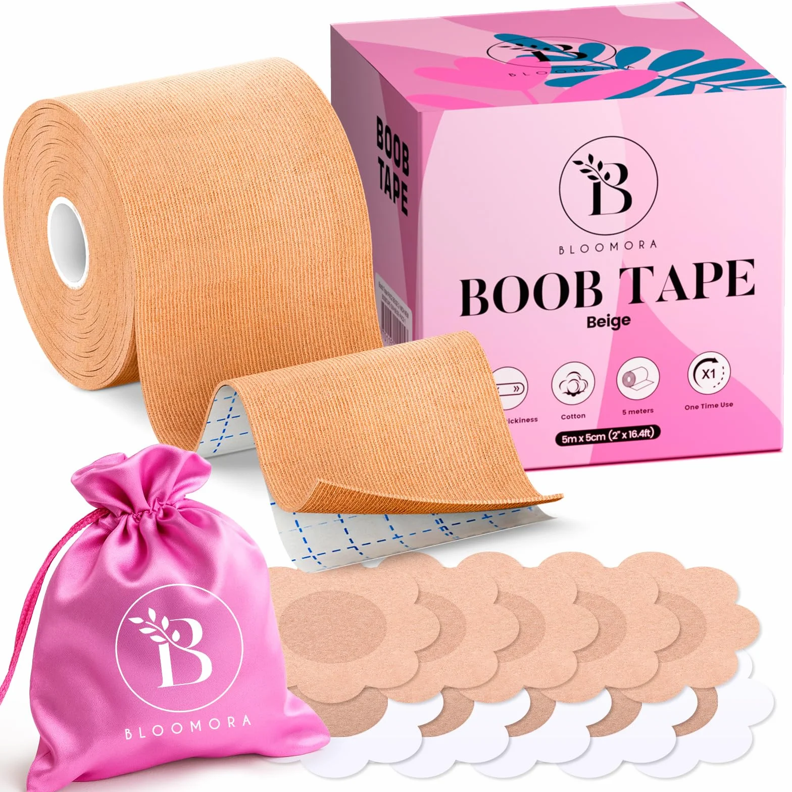 BLOOMORA Boob Tape – Scotch Seno Push Up - Nastro Adesivo Seno con Copricapezzoli Adesivi Silicone - Nastro Seno Adesivo Invisibile - Body Tape per Abiti Senza Spalline - Accessori Inclusi - Beige
