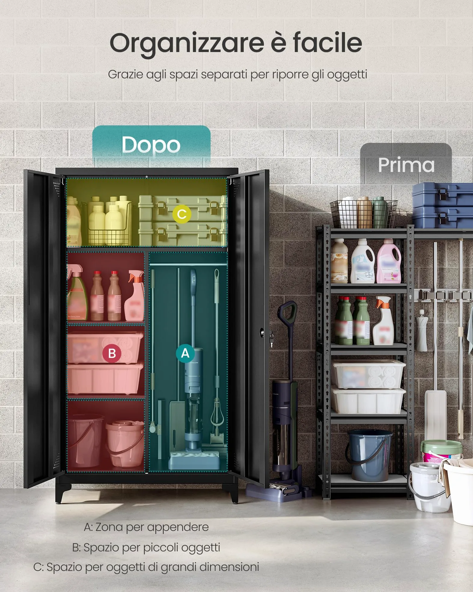 SONGMICS Armadio Multiuso, Guardaroba, Mobile da Ufficio in Metallo, con 2 Ante, 5 Scomparti, Barra Appendiabiti, Chiusura a Chiave, Piedini Alti, 80 x 40 x 165 cm, Nero Opaco OMC018BD01