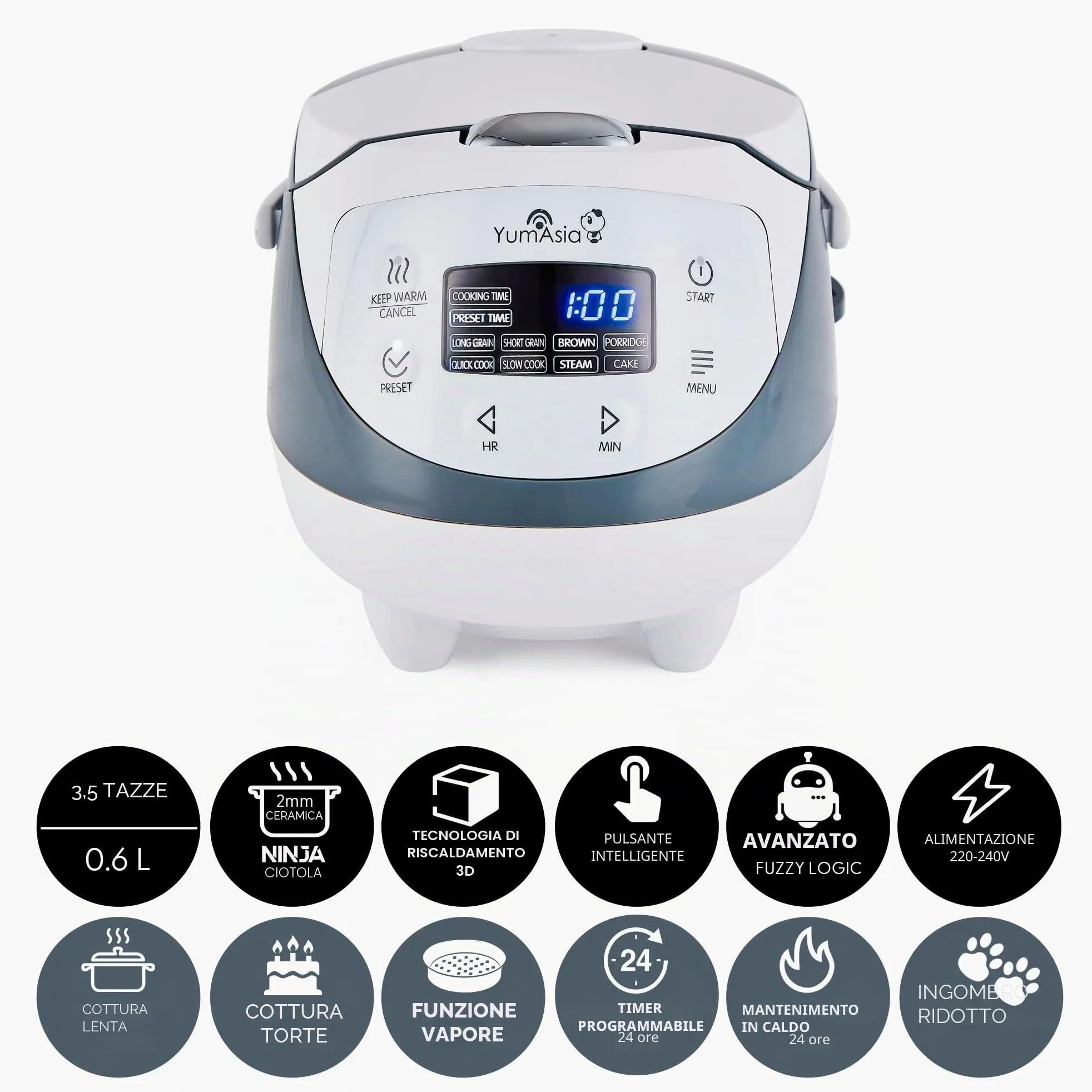 Yum Asia Panda Mini Cuociriso con Ciotola in Ceramica Ninja e Advanced Fuzzy Logic (3,5 tazze, 0,63 litri) 4 Funzioni di Cottura del Riso, 4 Funzioni Multicooker, Display LED, 220-240V (White/Grey)