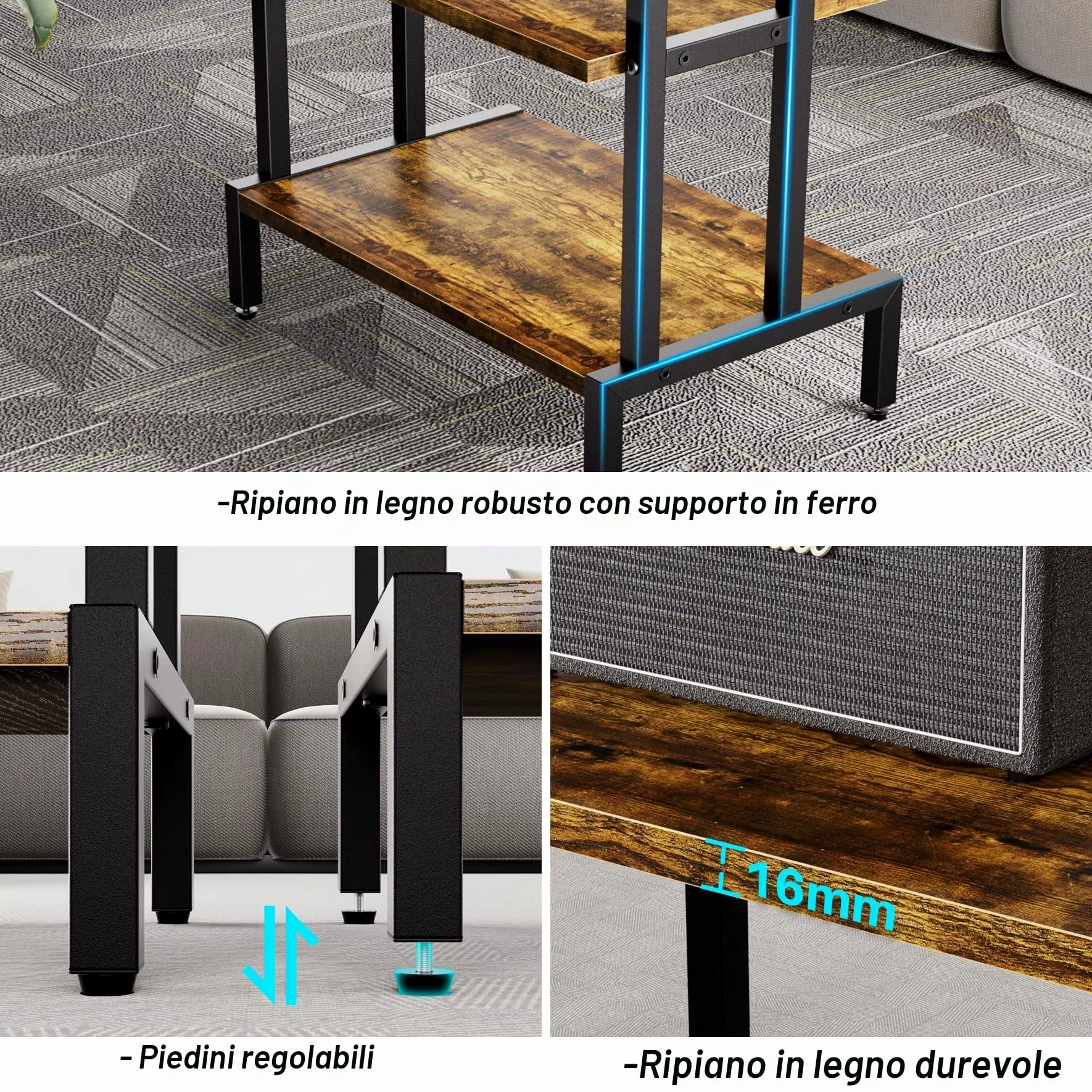 Aquzee Mobile Giradischi, Mobili per Hi Fi Con Supporto Stereo a 4 Livelli per Piccoli Spazi, Supporto per Console di Gioco Con 4 Ripiani, Marrone Rustico