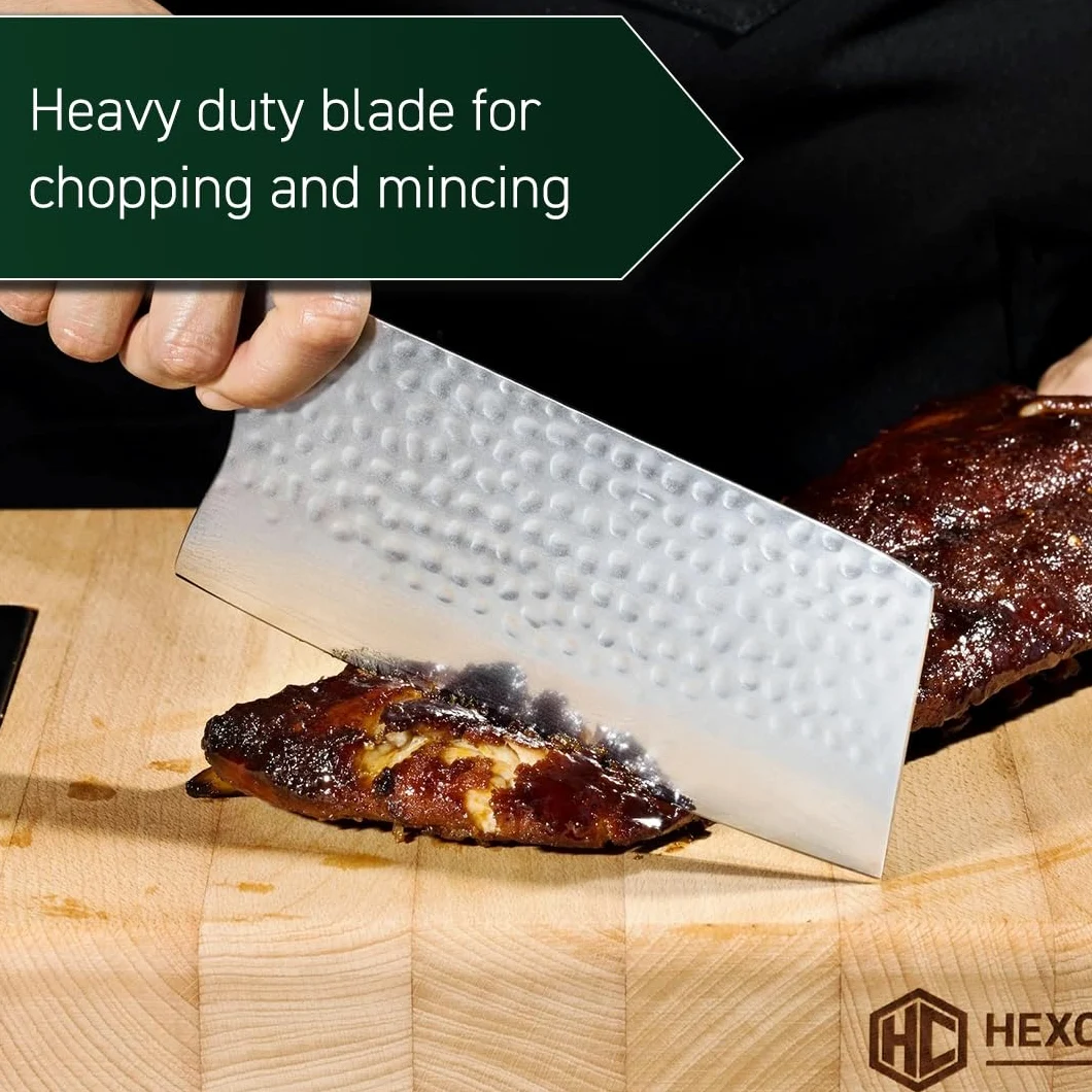 HexClad Coltello mannaia, lama giapponese in acciaio inox damasco da 18 cm, costruzione a tutto codolo, manico in legno pakkawood