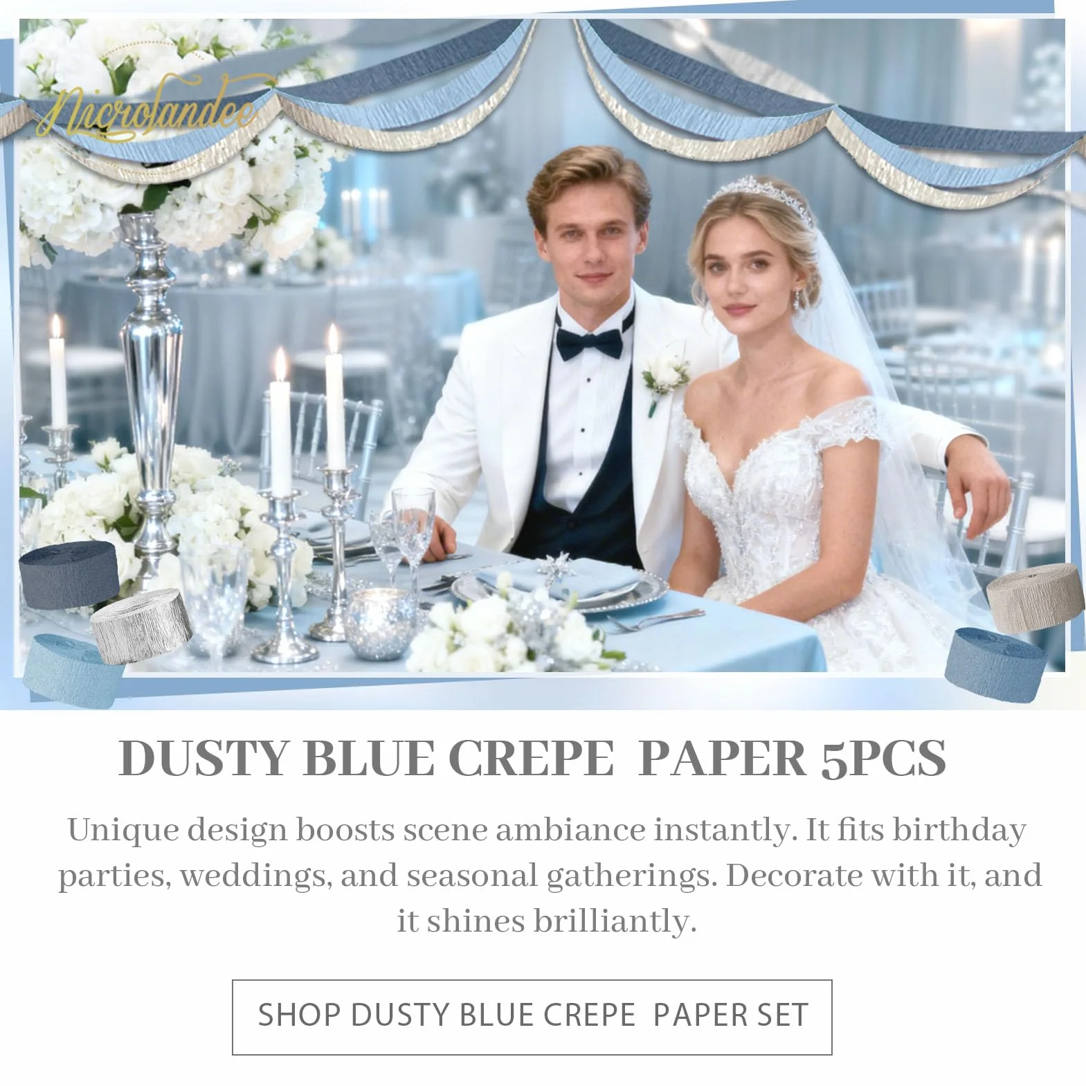 NICROLANDEE Carta Crespa Blu Polvere 5 Rotoli Decorazioni Matrimonio Compleanno Something Blue