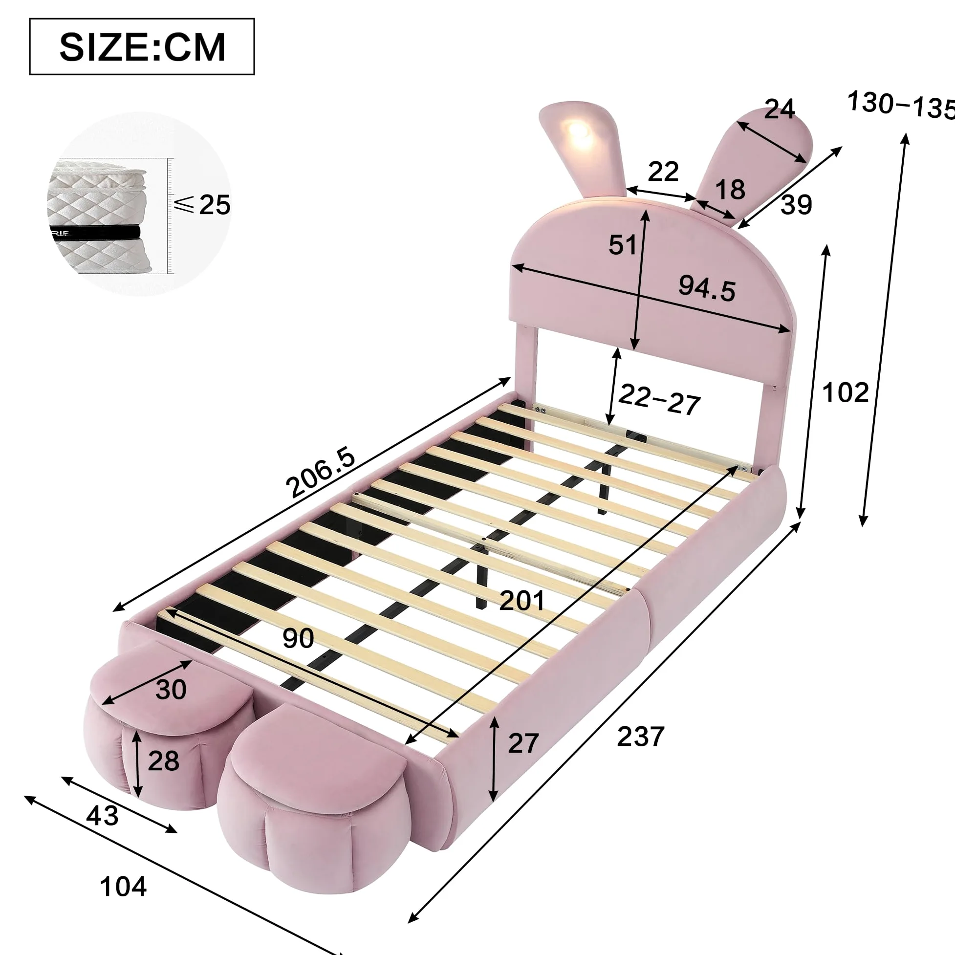Letto Imbottito per Bambini 90 * 200cm con Due Sgabelli Contenitore, Orecchie di Coniglio con Luce LED, Lettos Singolo con Doghe in Legno, Velluto, Rosa
