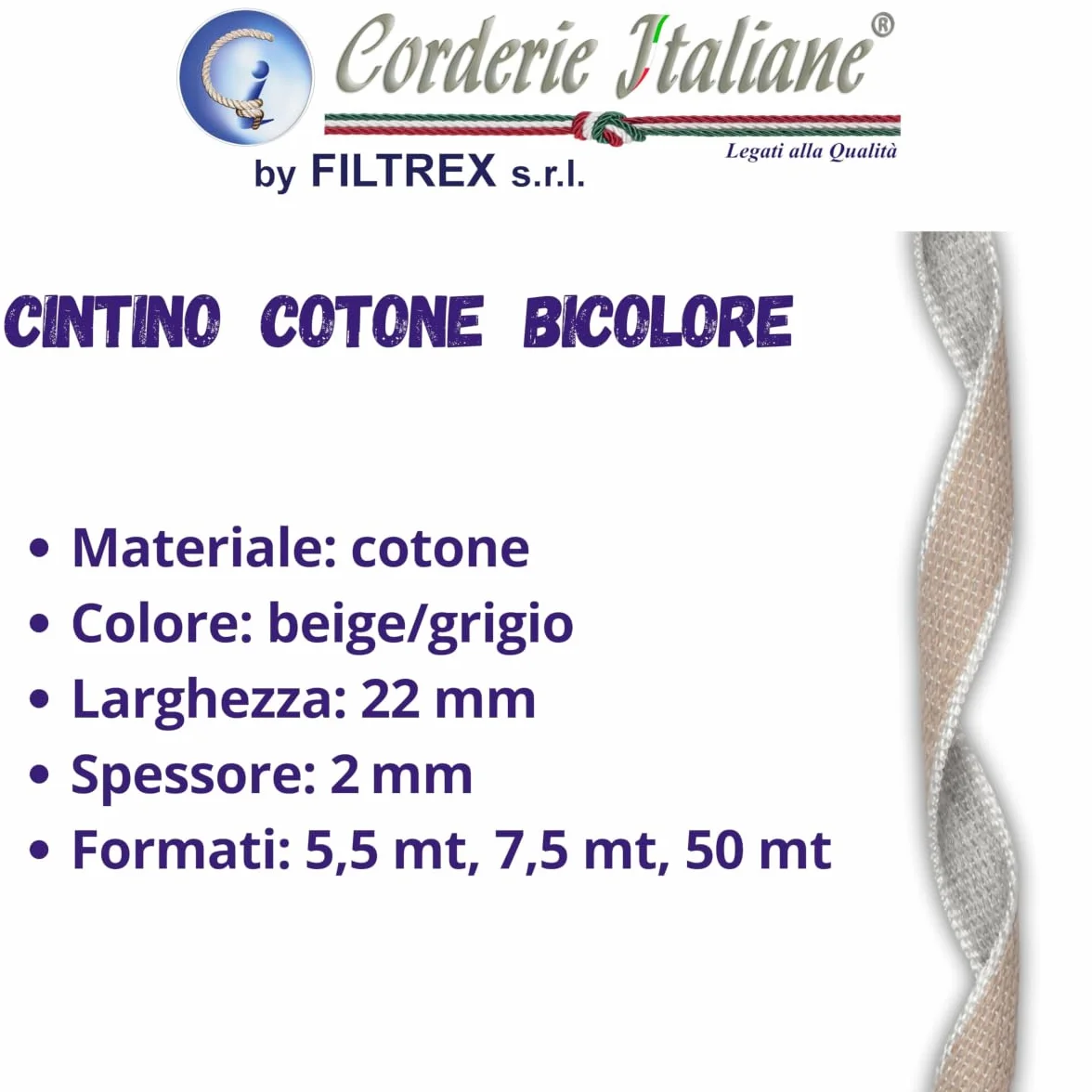 Corderie Italiane Cintino in cotone 22 mm 7,5 mt beige grigio perla