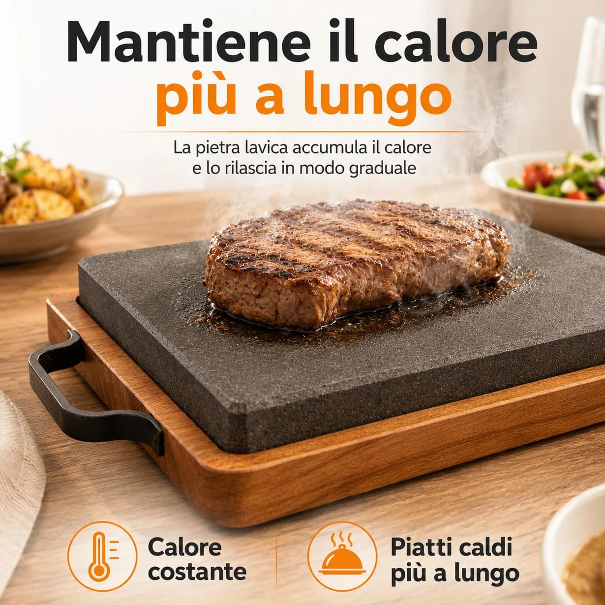 Piastra Rettangolare in Pietra Lavica 30x20,5 cm con Vassoio Legno Bistecchiera Nero Marrone