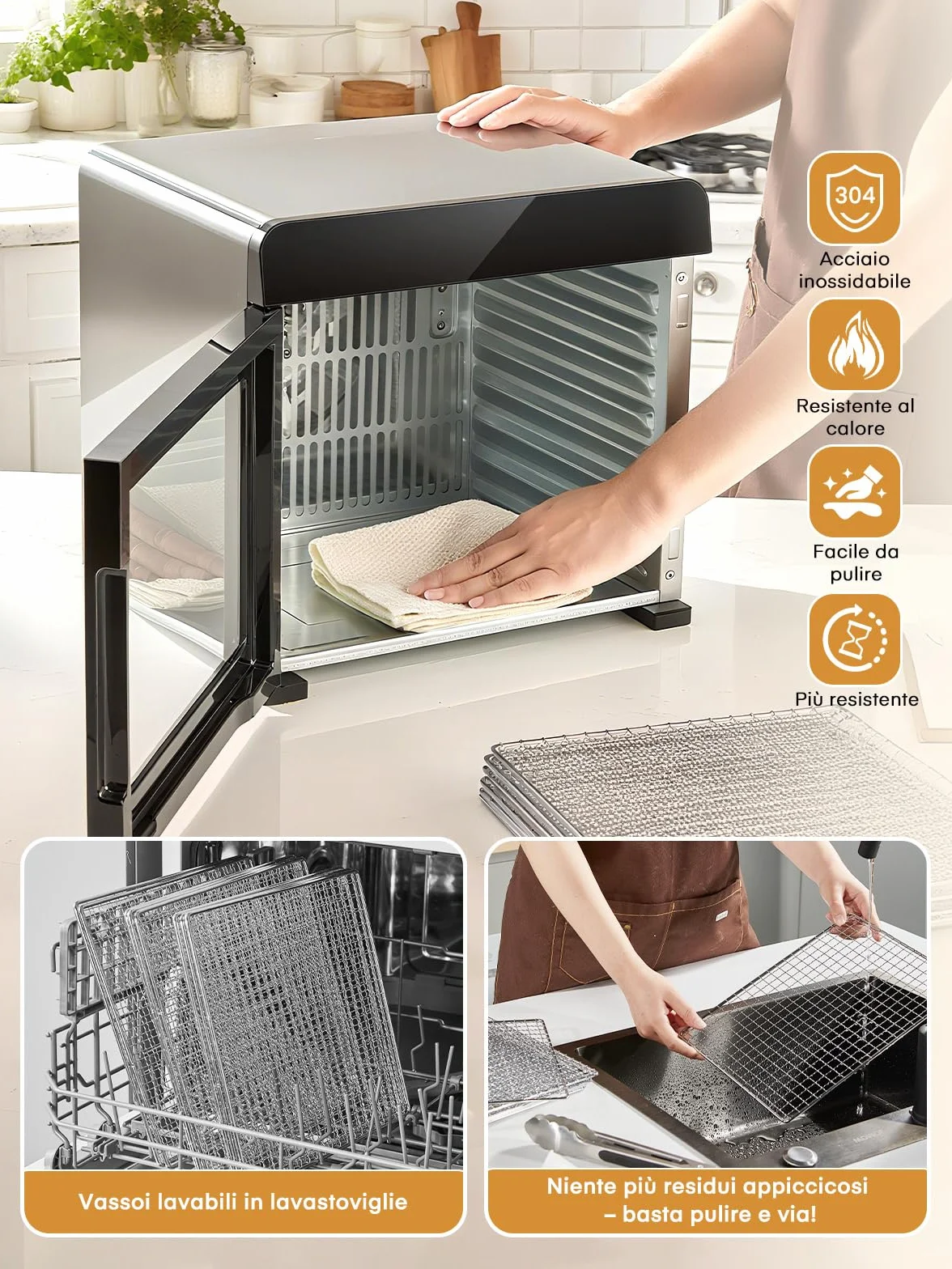 FOHERE Essiccatore Alimentare 8 Vassoi in Acciaio Inox, Silenzioso <40dB per Uso Notturno, Termostato 35-75℃ Timer 48h, per Frutta, Verdura, Carne, Funghi, Erbe, Snack per Bebè