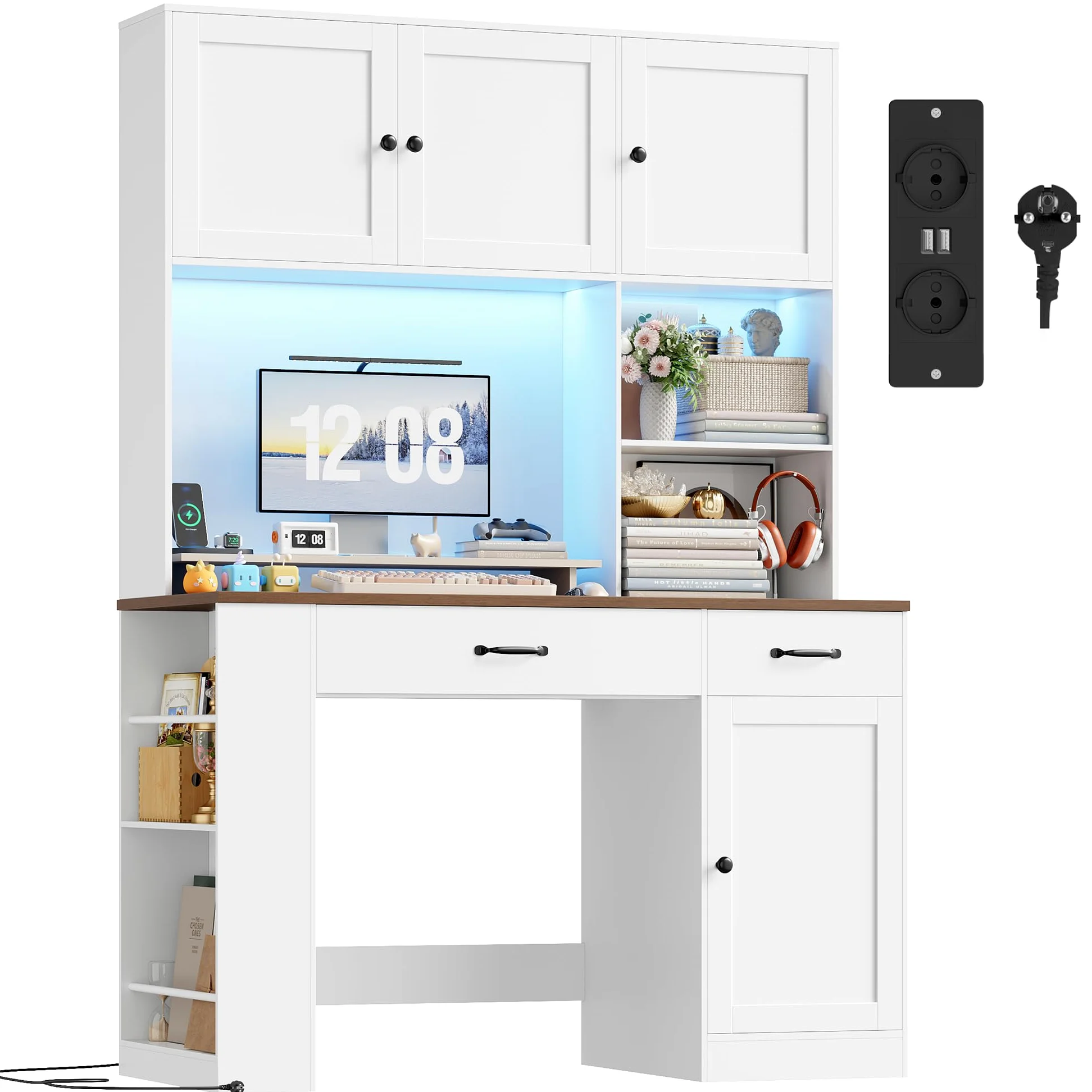 FirFurd 180cm Scrivania con Cassetti, Scrivania Gaming con Luci a LED e Prese, Scrivanie con 3 Ante, con Libreria a 2 Ripiani, Ripiani Regolabile, per Studio, Ufficio, Cameretta, 120x50x180cm, Bianco