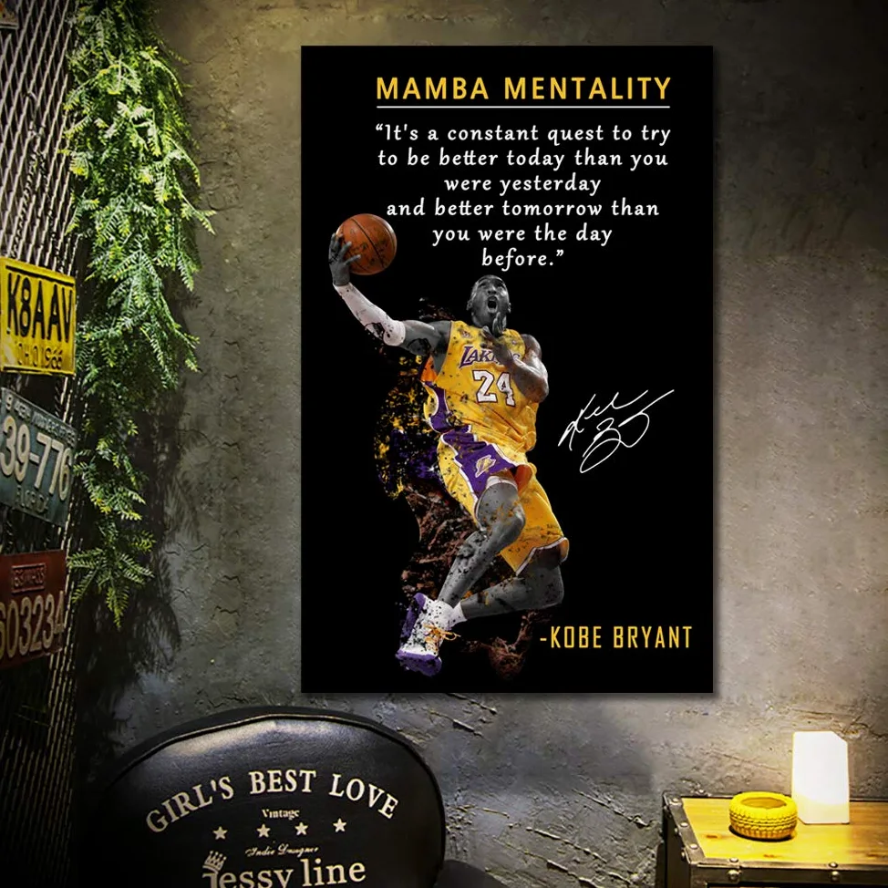 Poster motivazionale di Kobe Bryant • Mamba Mentality Citazione artistica da parete su tela • Pallacanestro Sport Home Decor • Opere motivazionali per casa, ufficio, palestra, decorazione da parete