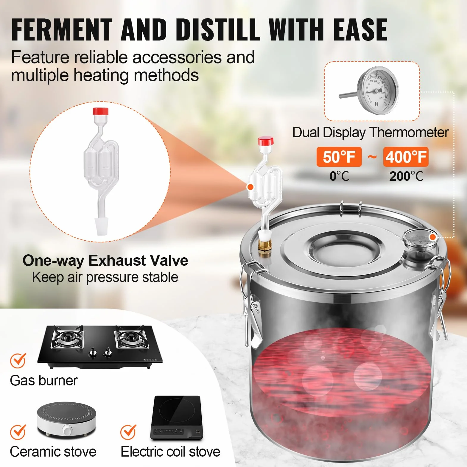VEVOR Distillatore di Bevande Alcoliche Fusto Capienza ca. 50L Kit di Distillatore di Alcol per Raffreddamento, Set di Distillatore a Doppio Condensatore con Distillazione Secondaria Liquore Alcolico