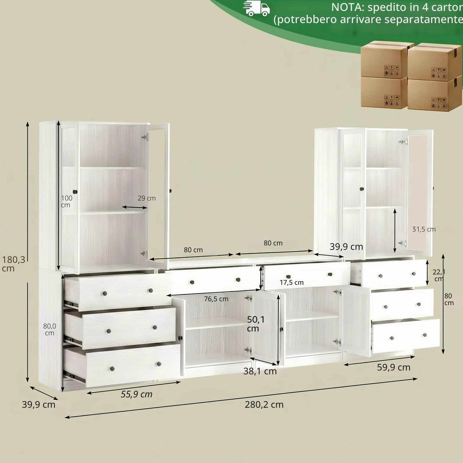 VOWNER Grande Mobile TV con Scaffali per TV fino a 75 Pollici, Mobile TV Soggiorno 180 cm，Centro di Intrattenimento, Mobile Porta TV Combinabile con Libreria per Soggiorno, 2B+2C (Bianco)
