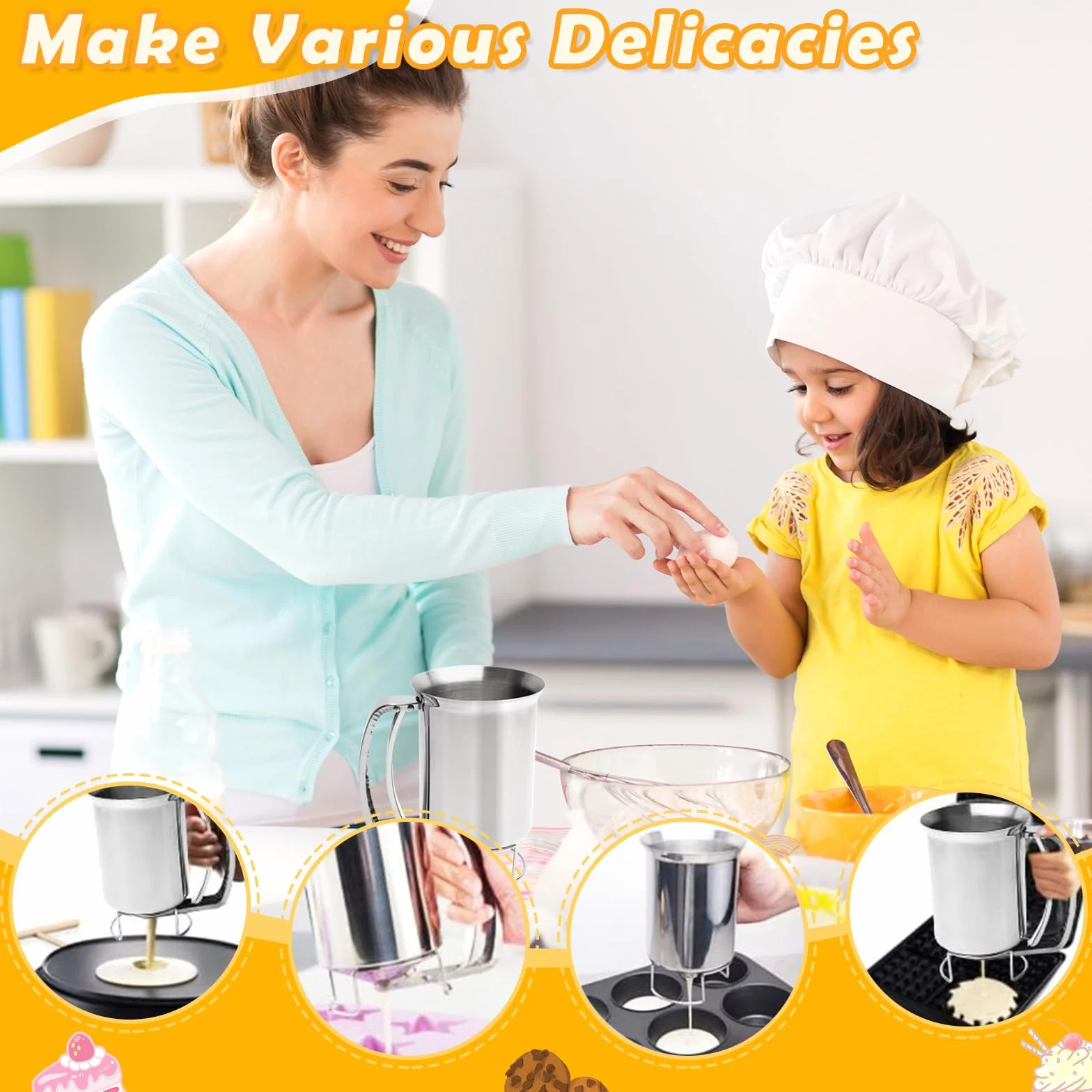 Raxfekro Distributore di pasta in acciaio inox, 900 ml, con manico per schiacciare, dosatore per pasta, per pancake, muffin, biscotti e cialde, NX-mianhufenpeiqi01