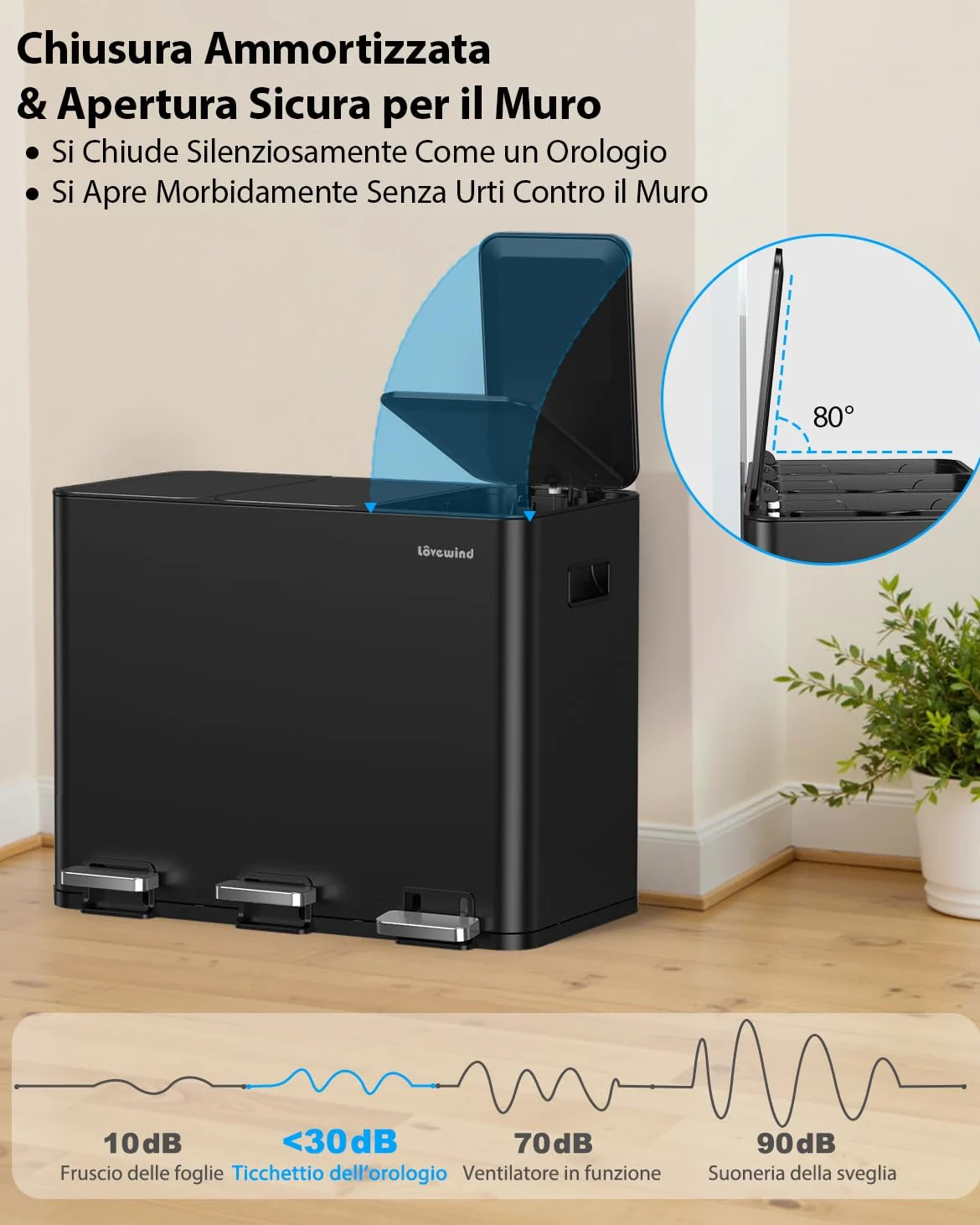 lovewind Kitchen Bin, 3 X 15 L Bidone Di Riciclaggio, Pattumiera 3 Scomparti Per Riciclo E Rifiuti, Etichette Magnetiche Incluse, Coperchi Soft-Close, Pedali, Secchi Interni, Acciaio, Nero