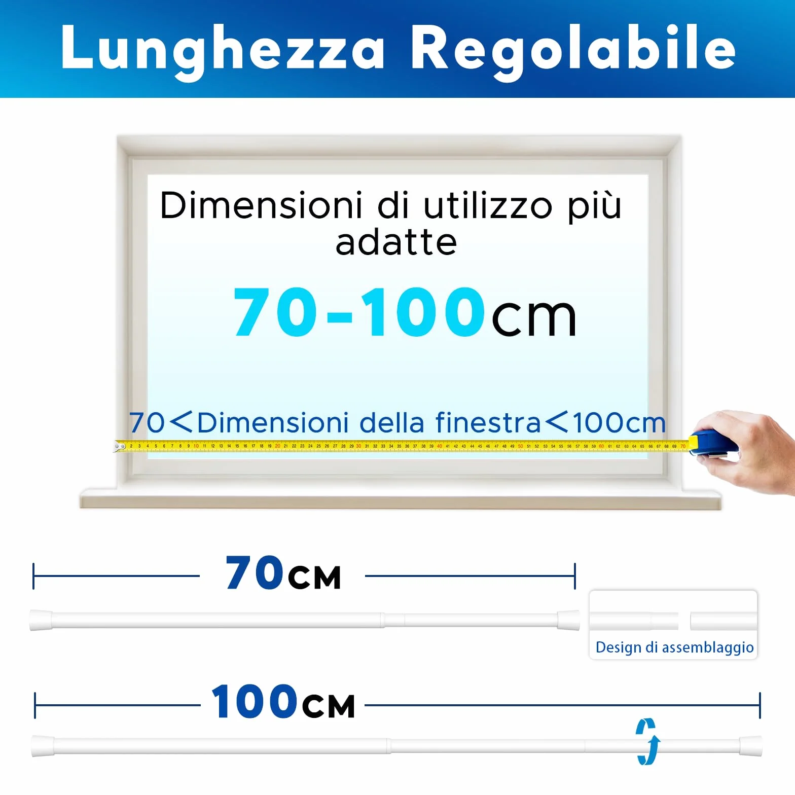 Bastoni per Tende a Pressione 2 Pezzi Estensibile Regolabile 70-100 cm 16mm Bianco