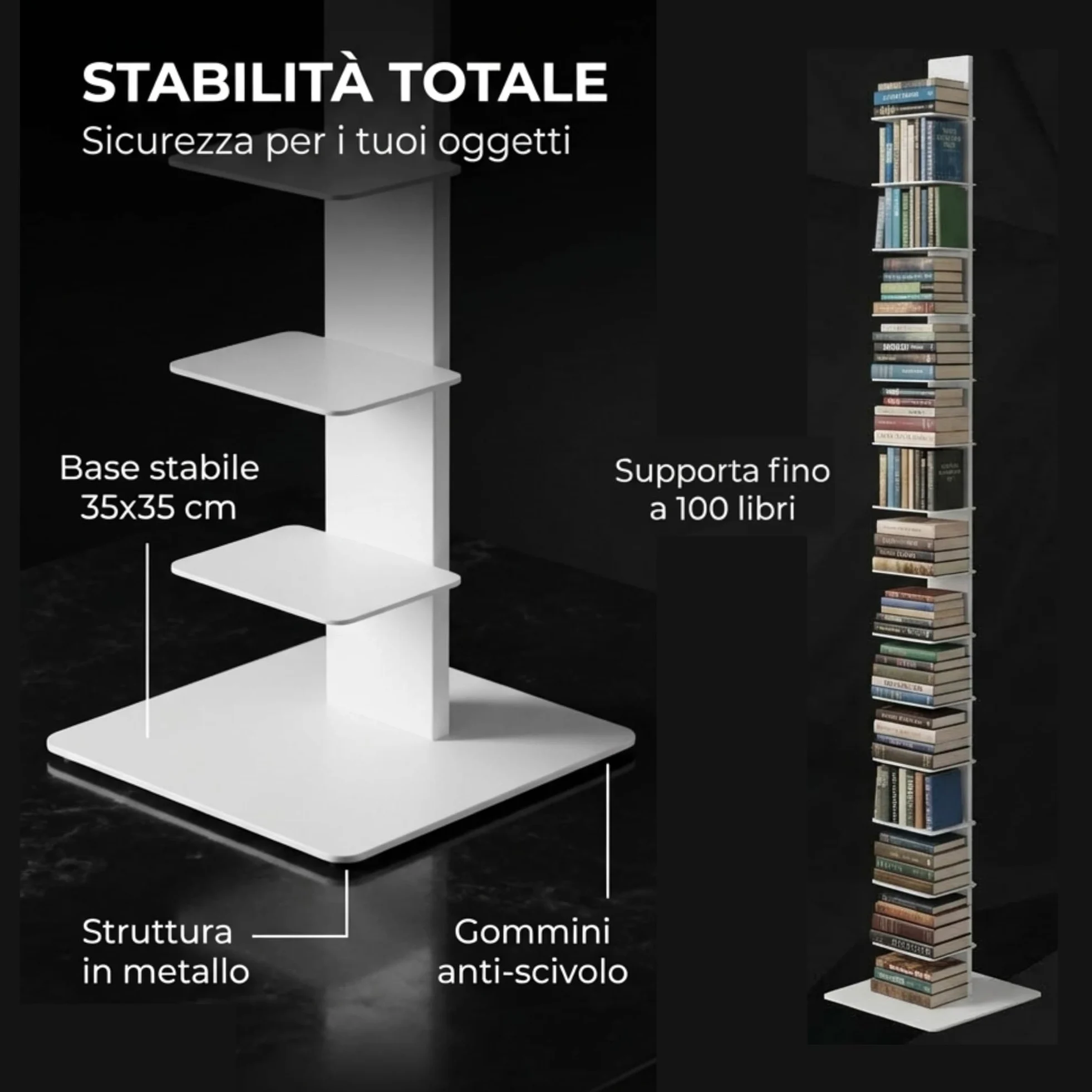 Flo.mar - Libreria a Colonna Bianca con 14 Ripiani 20x15cm - Libreria Verticale a Colonna da Terra con Base in Metallo 35x35 cm - Stretta e Alta 214 cm