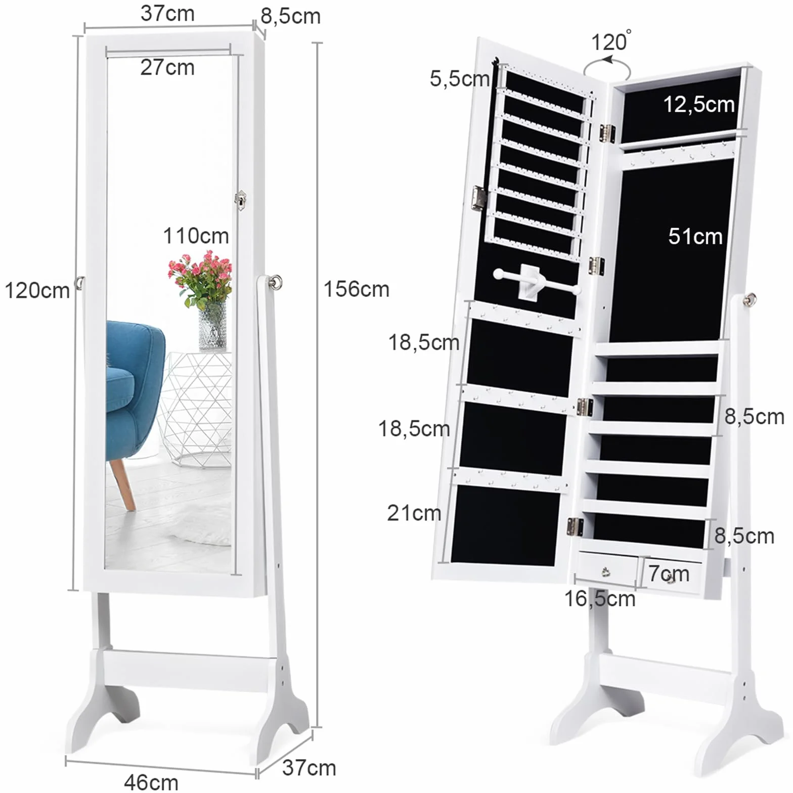 COSTWAY Mobile Portagioie da Terra con Specchio e 2 Cassetti, 156 x 37 x 46 cm