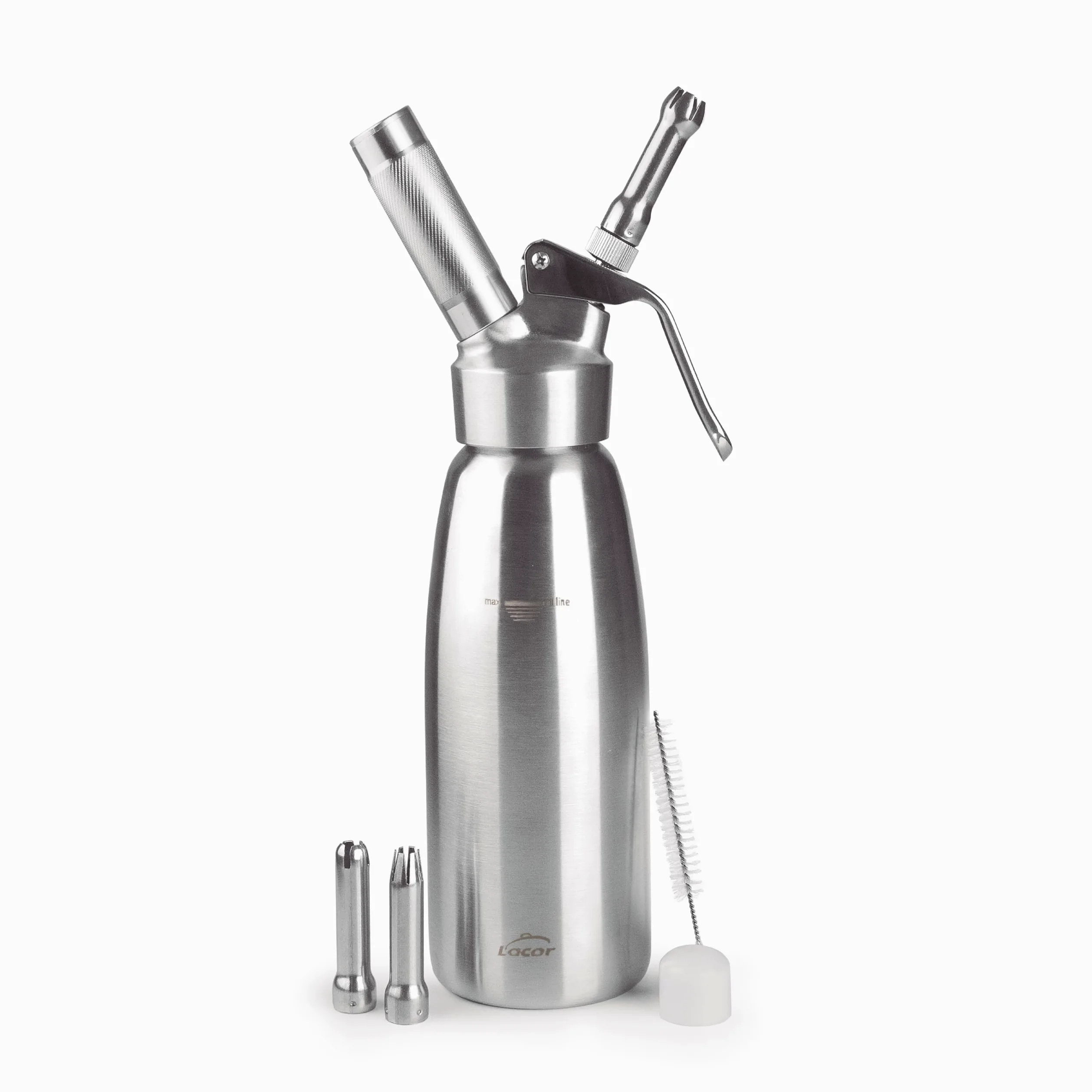 Lacor - 68301 - Sifone, Sifone Epicureo, Robusto, Acciaio Inossidabile 18/10, Schiume Calde e Fredde, 3 Ugelli in Acciaio Inossidabile, N2O, Spazzola, Lavabile in Lavastoviglie, Capacità: 1 L